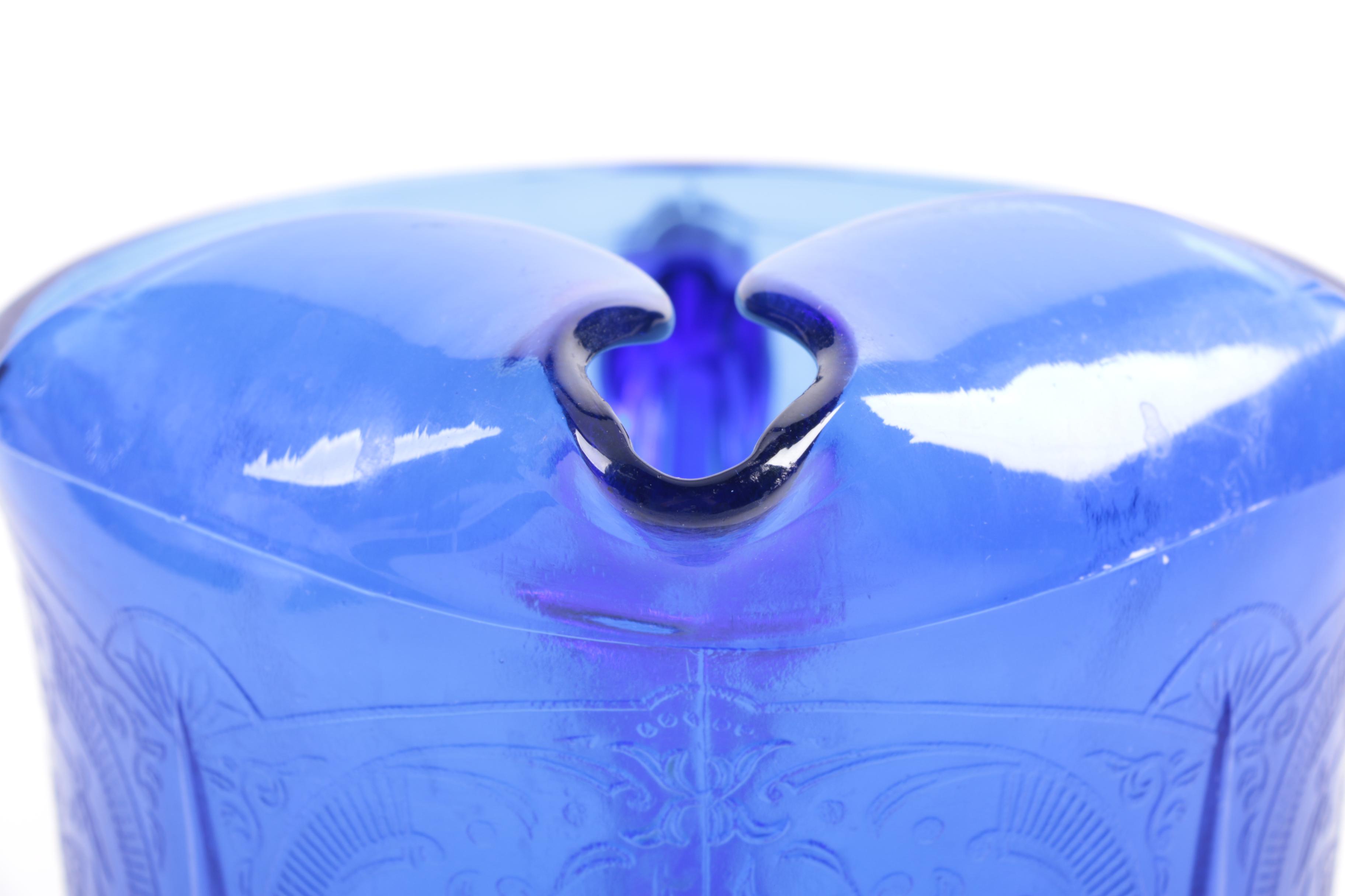 Pressed Blue Glass Rose and Scrolled Foliate Motif Pitcher