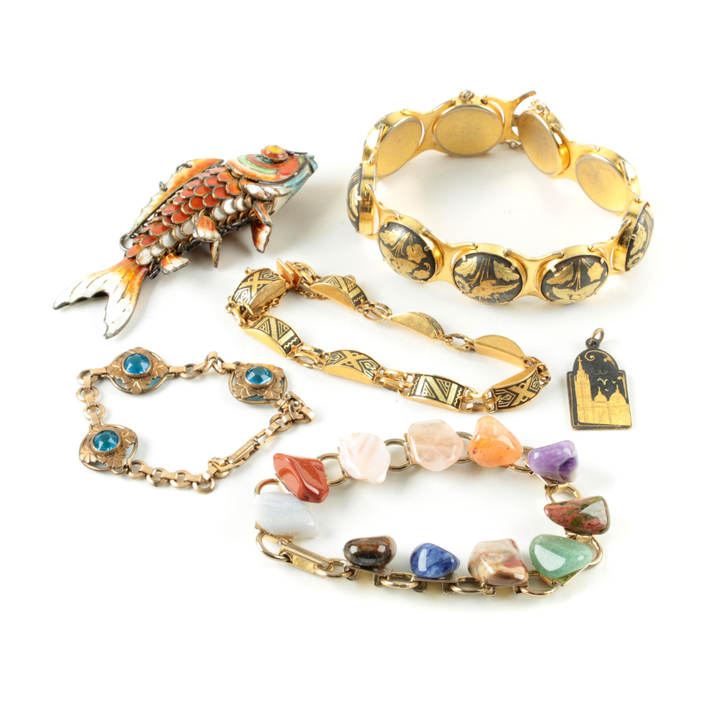 Gold-Tone Bracelet and Pendant Selection Including Agate