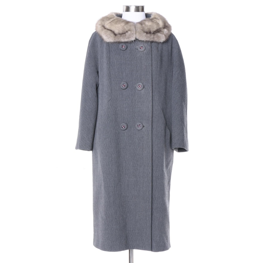 Vintage Double-Breasted Grey Coat with Grey Mink Collar