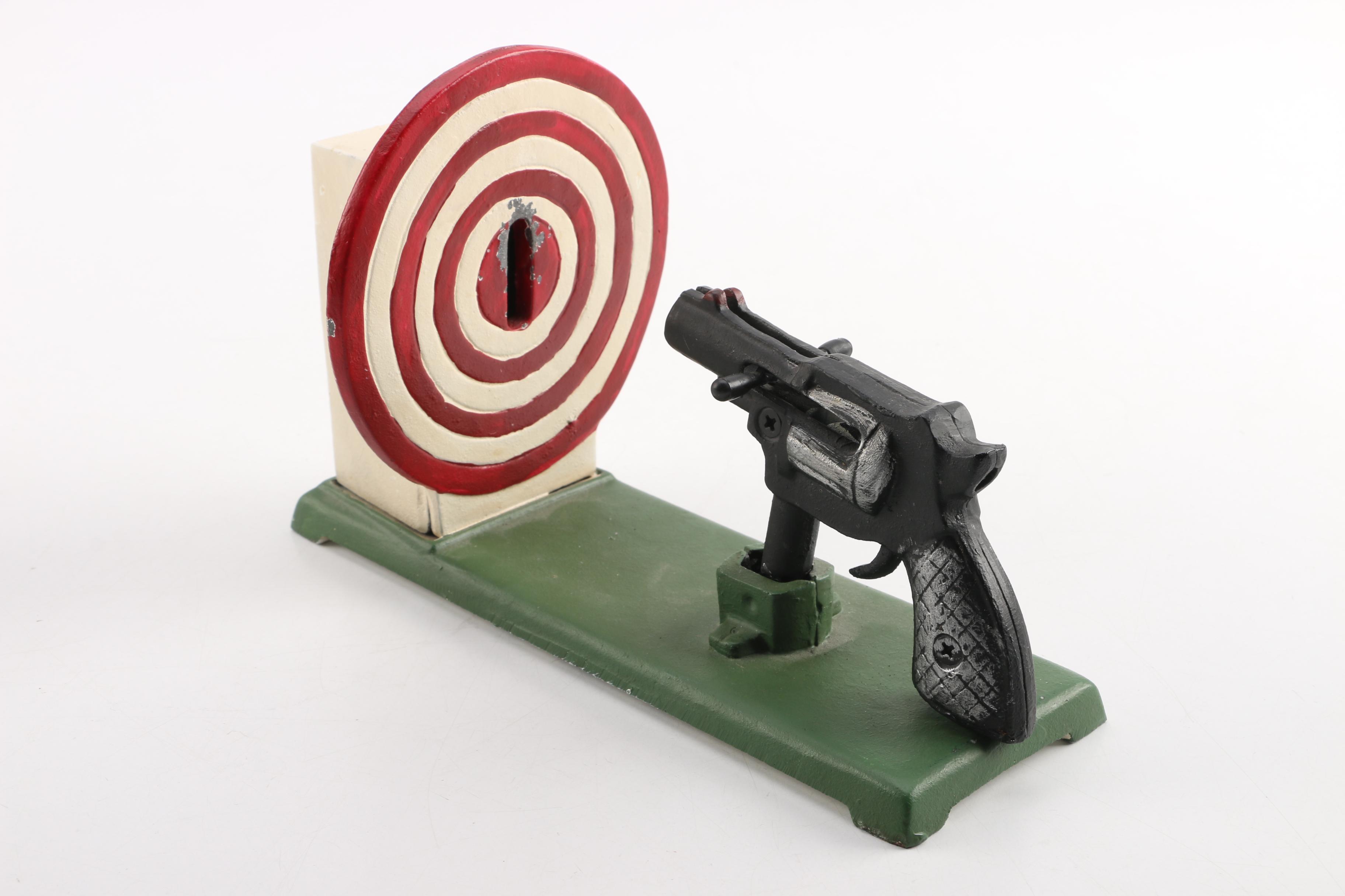 Cast Iron Revolver and Target Mechanical Bank