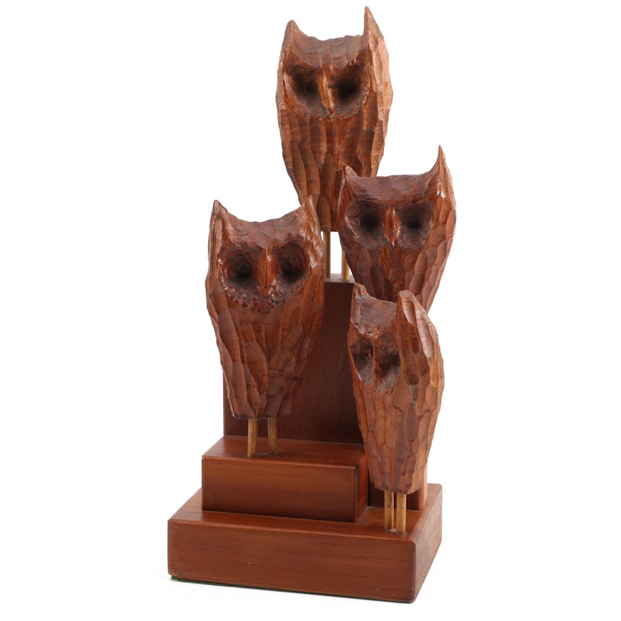 Mid Century Qulleson Wooden Sculpture of Owls