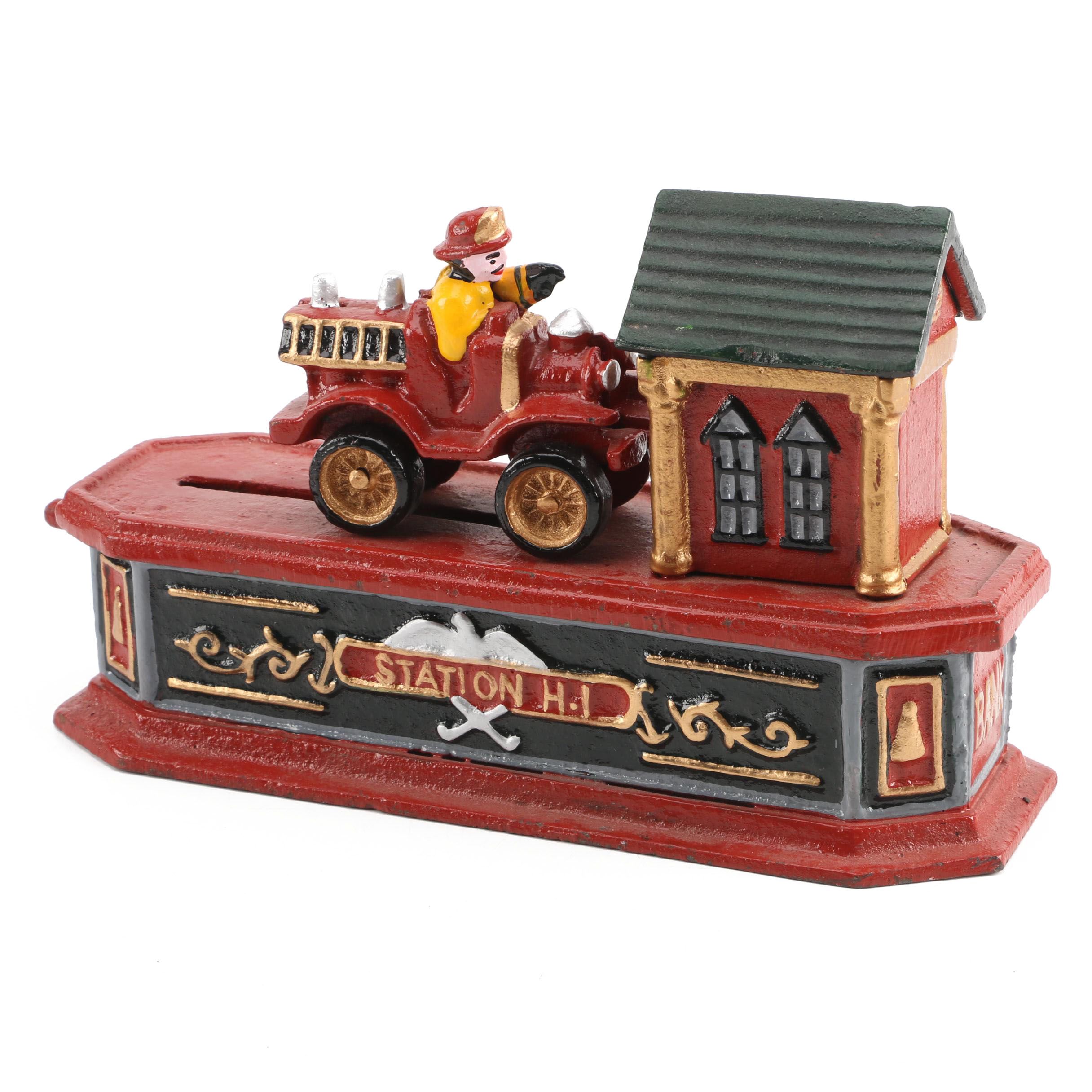 Vintage Cast Iron Fire Engine Mechanical Bank