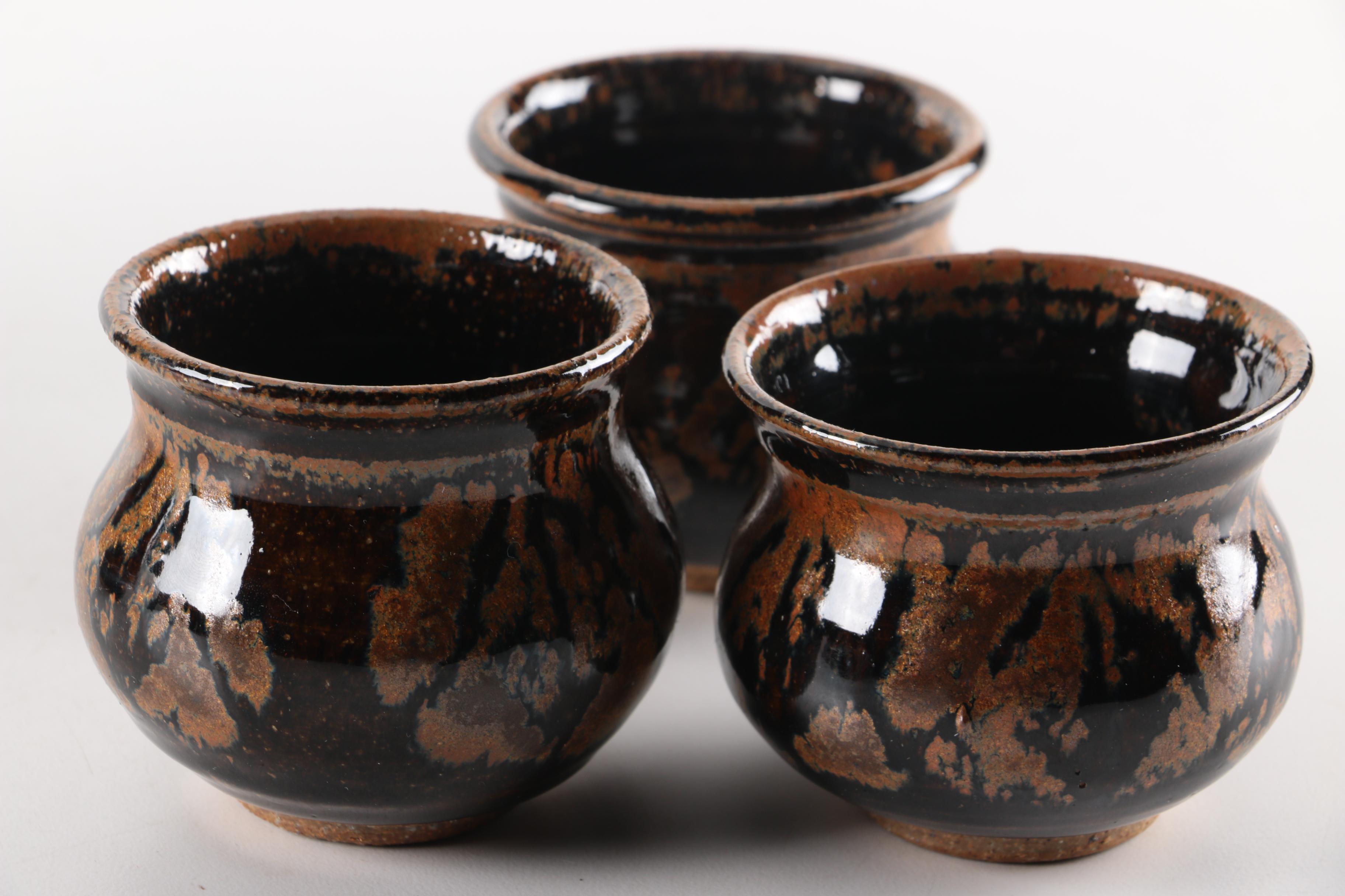Hand Thrown Tenmoku Stoneware Jug with Three Cups
