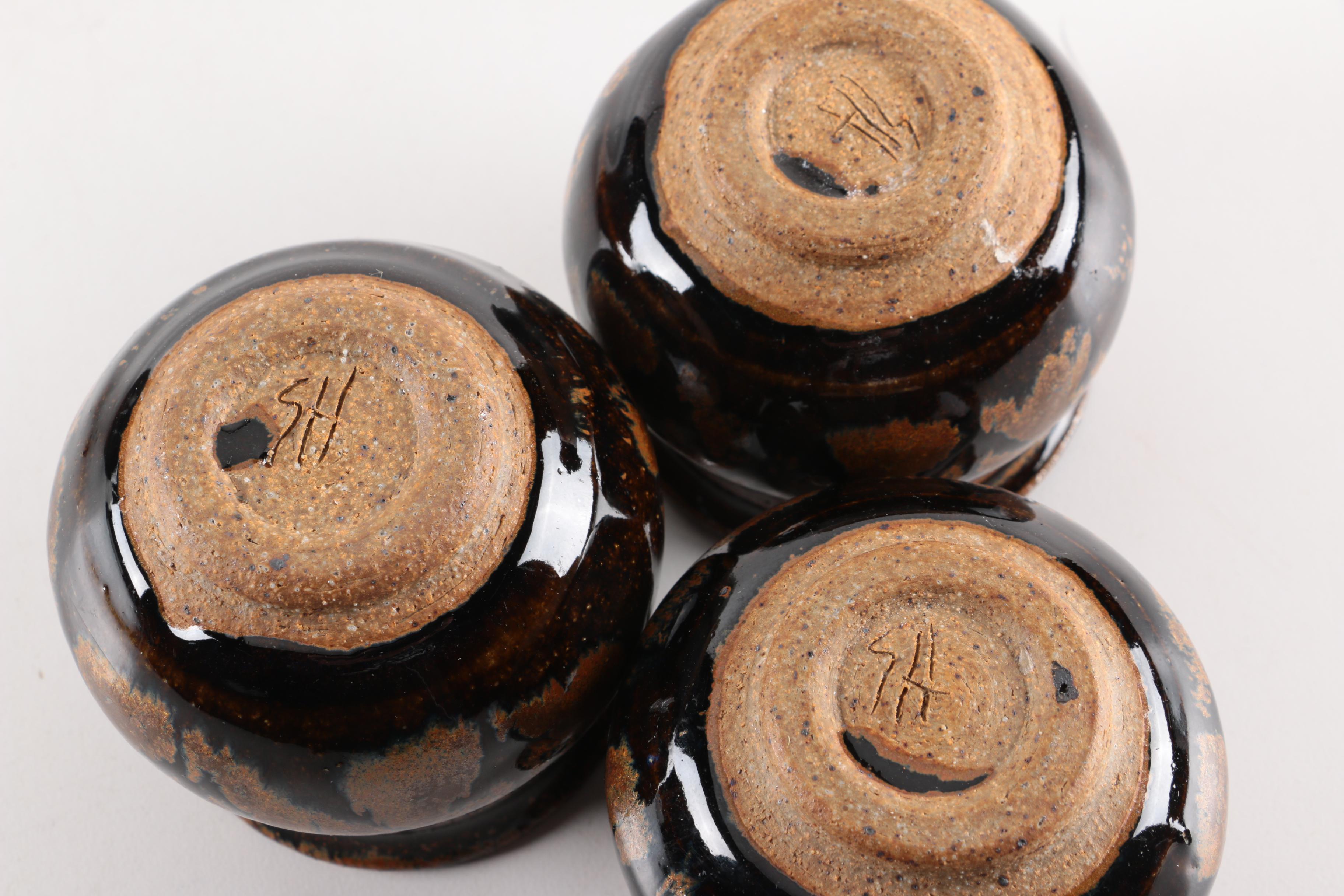 Hand Thrown Tenmoku Stoneware Jug with Three Cups