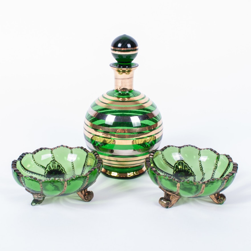 Vintage Green and Gold Glass Dishes with Decanter