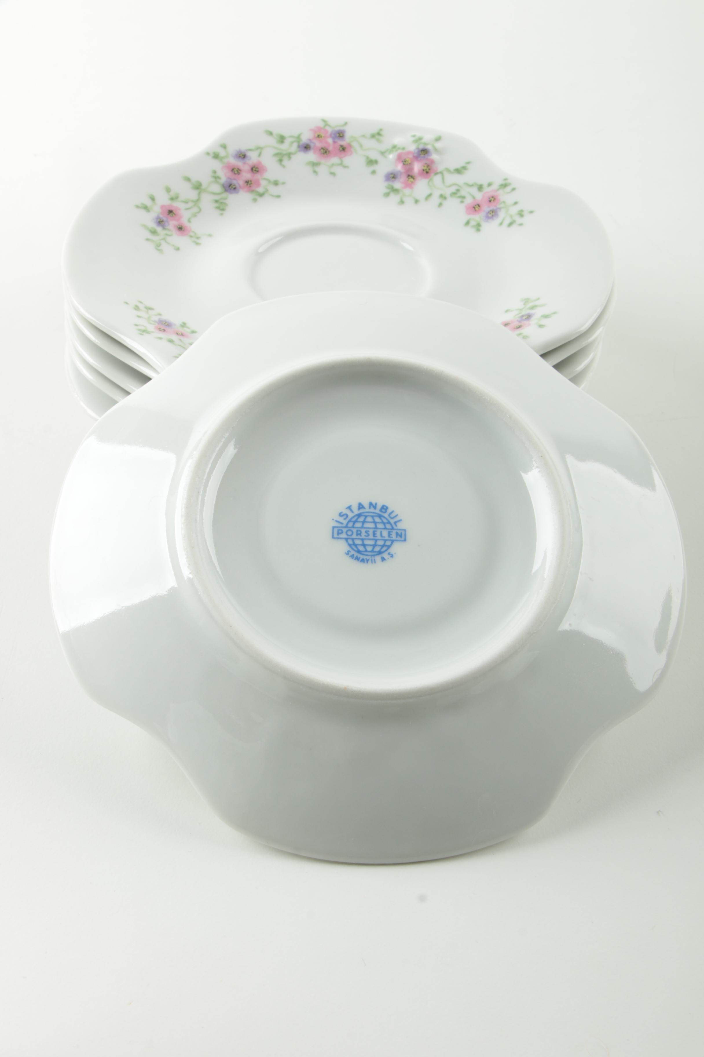 Istanbul Floral Porcelain Saucers, Teacups, and Creamer