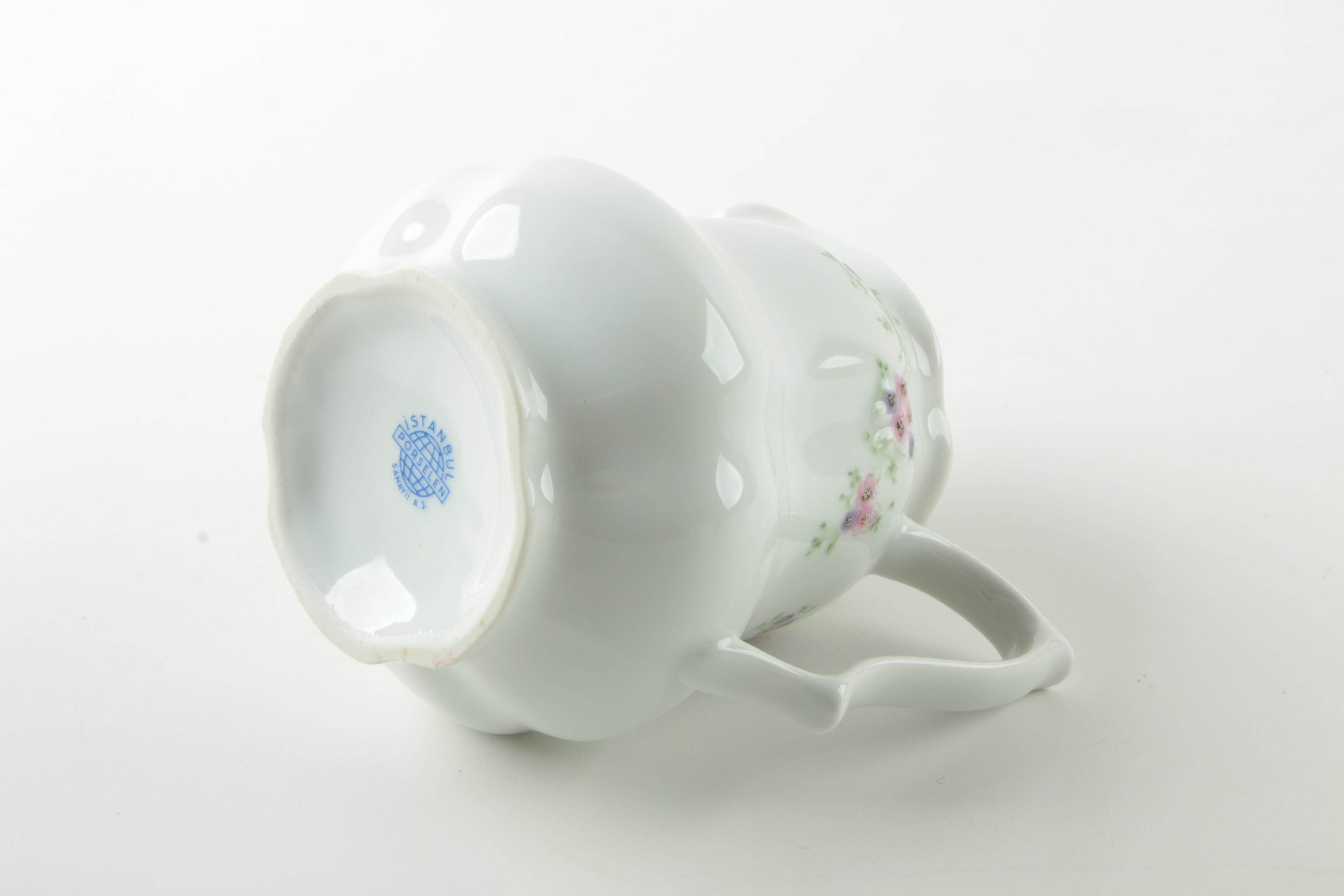 Istanbul Floral Porcelain Saucers, Teacups, and Creamer