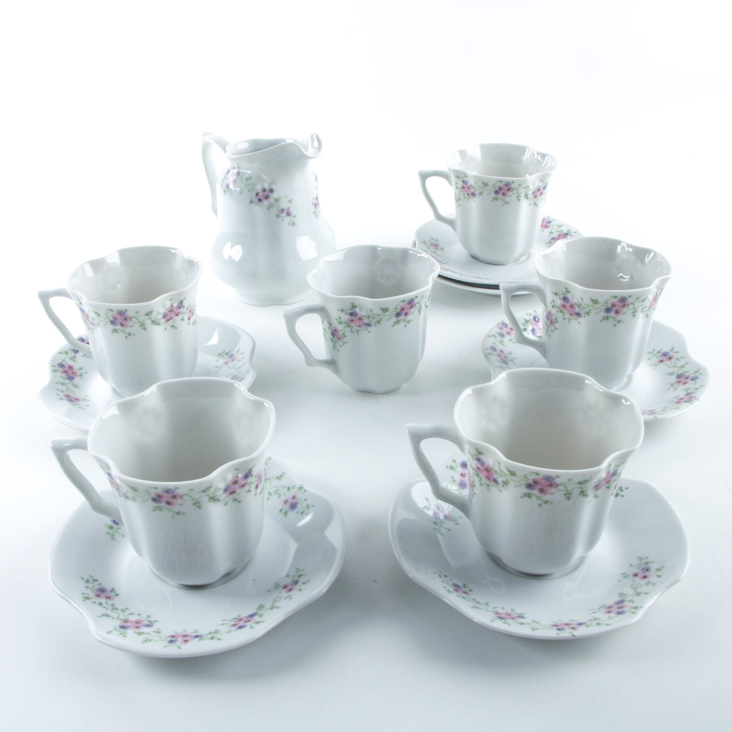 Istanbul Floral Porcelain Saucers, Teacups, and Creamer