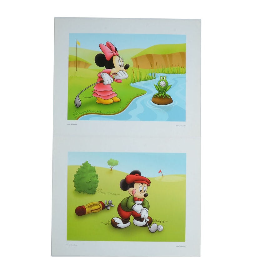 Two Offset Lithograph Posters of Micky and Minnie Mouse Playing Golf