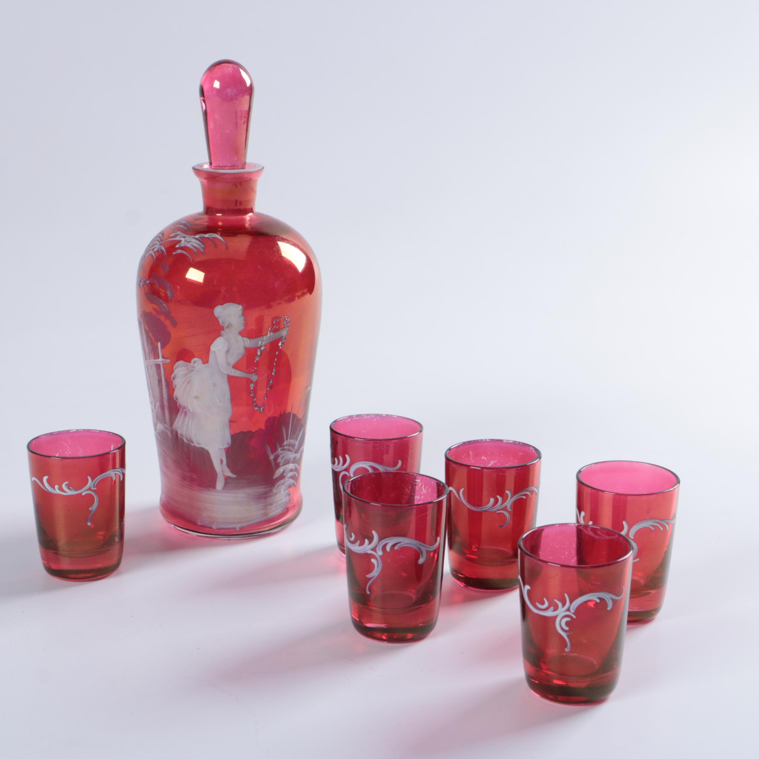 Mary Gregory  Cranberry Decanter and Glasses