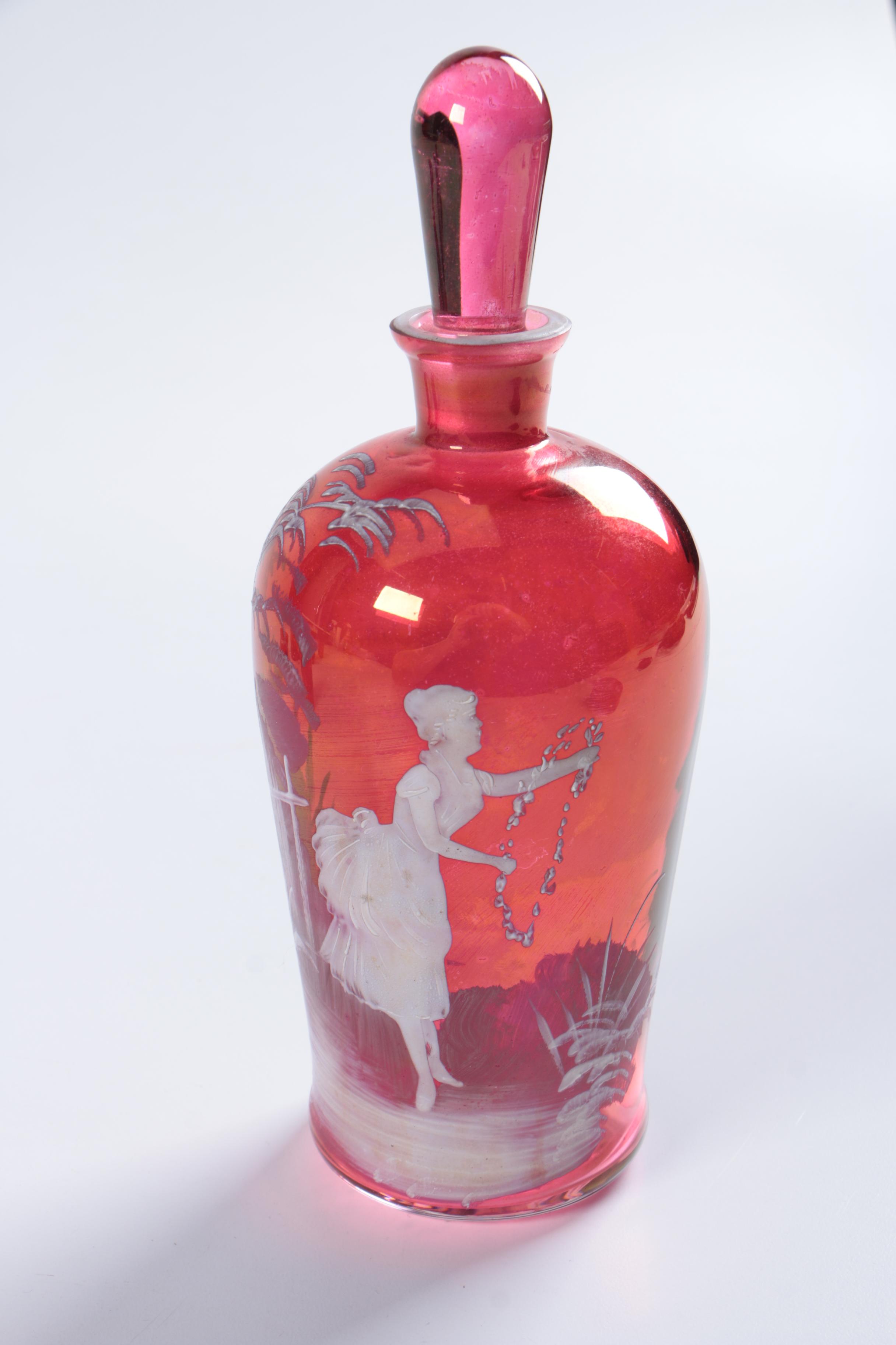 Mary Gregory  Cranberry Decanter and Glasses