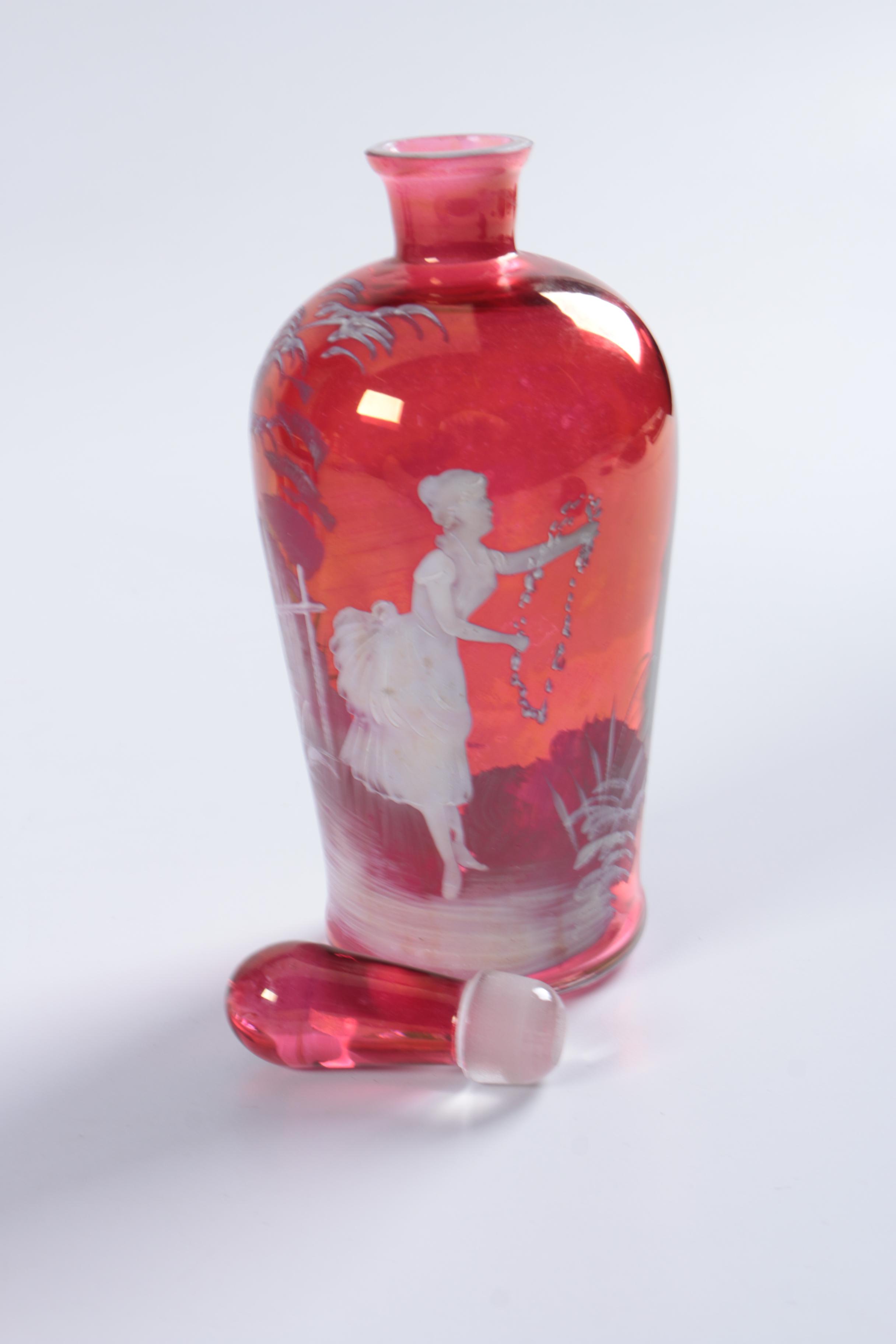 Mary Gregory  Cranberry Decanter and Glasses