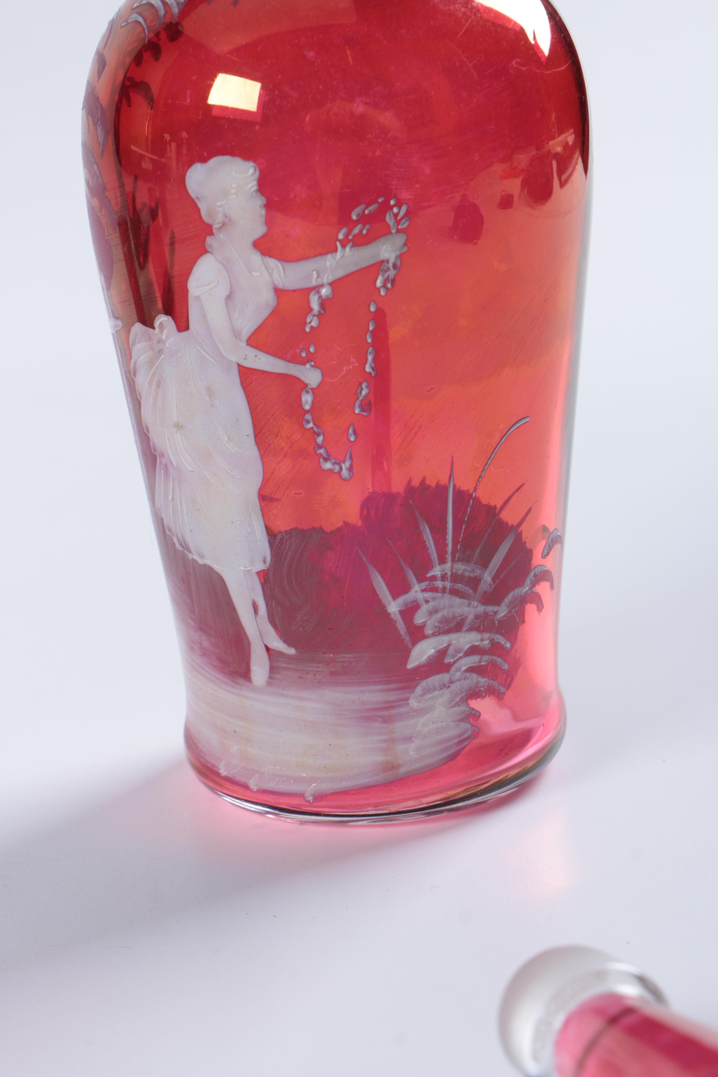 Mary Gregory  Cranberry Decanter and Glasses