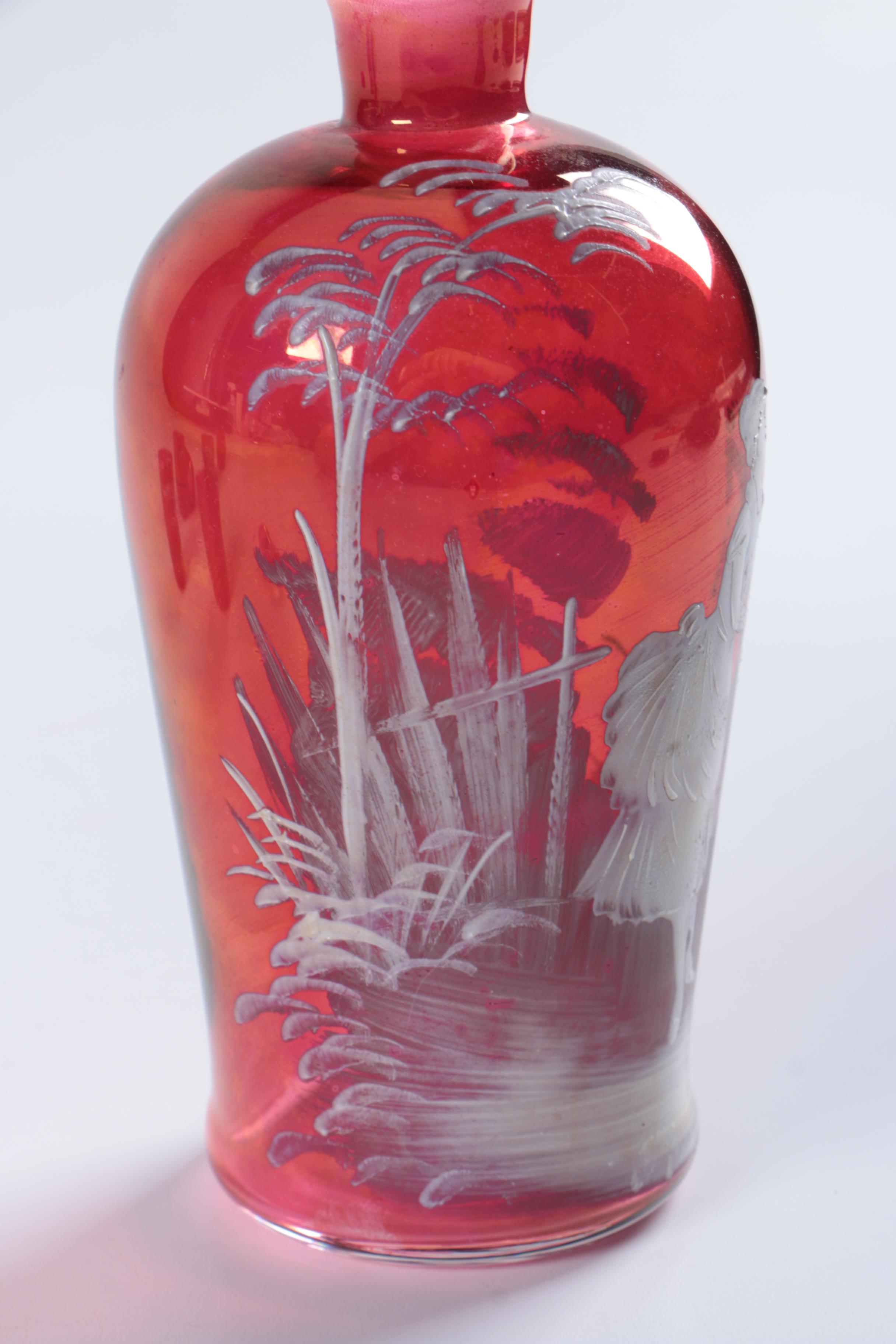 Mary Gregory  Cranberry Decanter and Glasses