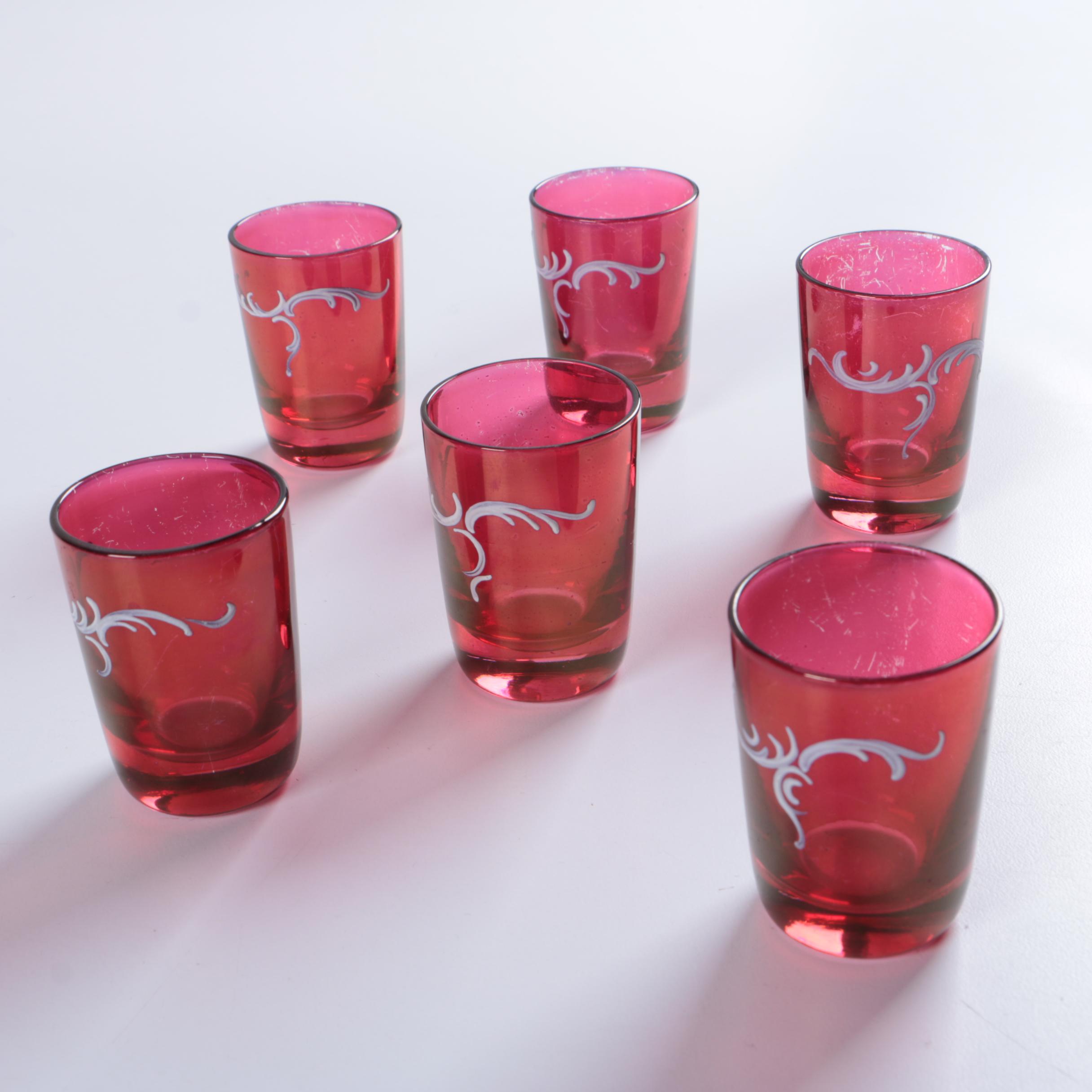 Mary Gregory  Cranberry Decanter and Glasses