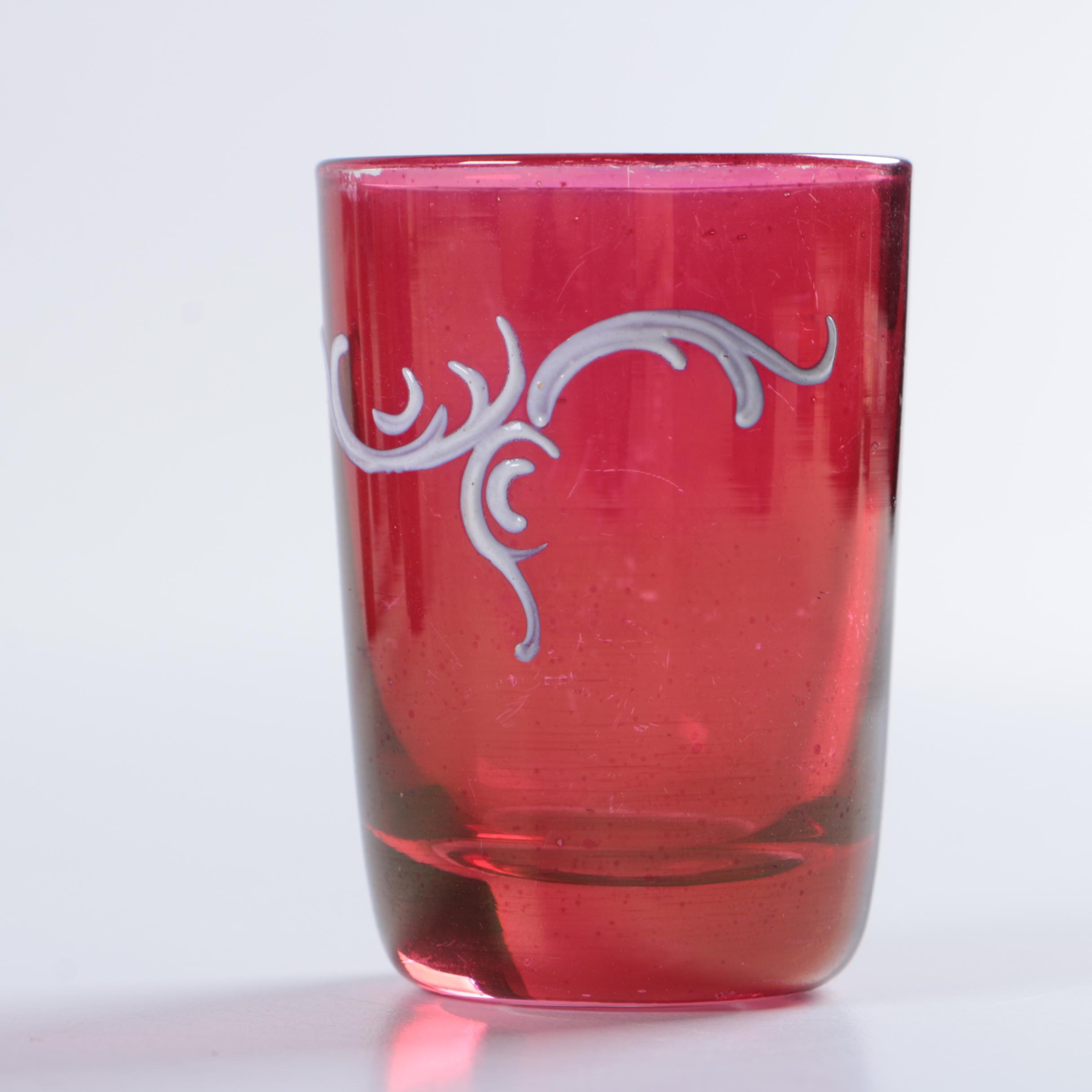 Mary Gregory  Cranberry Decanter and Glasses