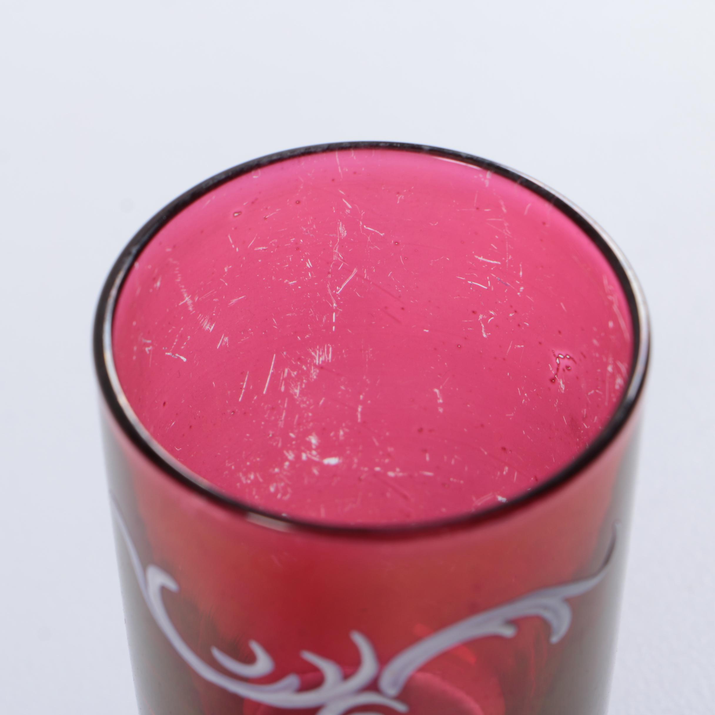 Mary Gregory  Cranberry Decanter and Glasses