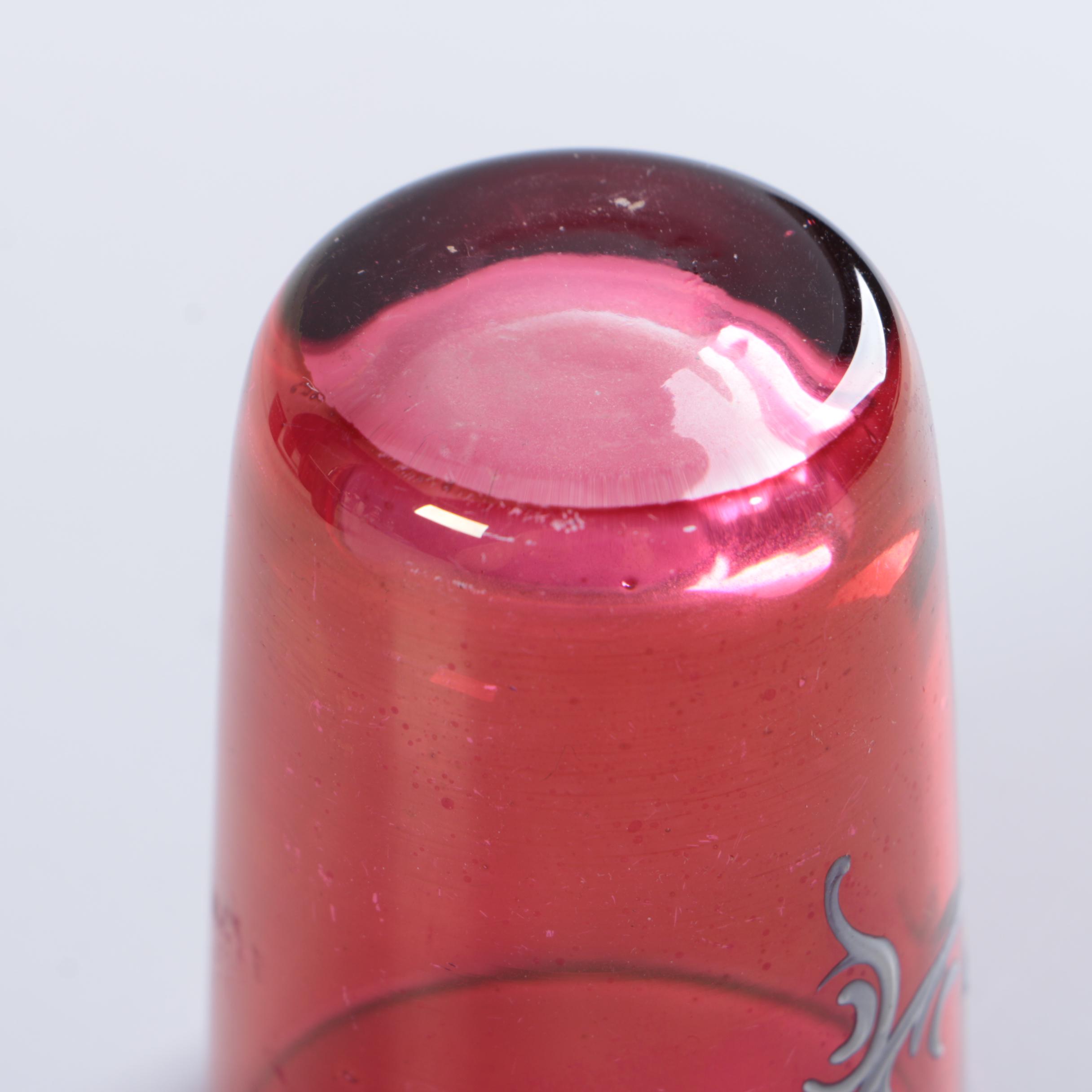 Mary Gregory  Cranberry Decanter and Glasses