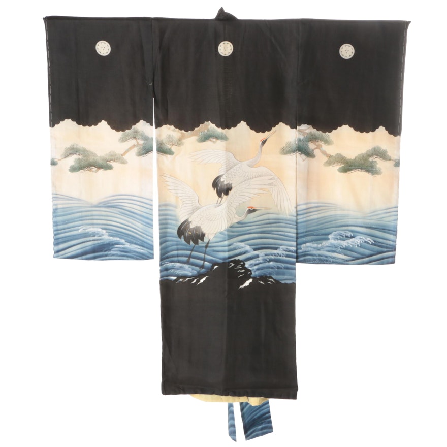 Boys' Circa 1910s Antique Japanese Crested Silk Ceremonial Kimono
