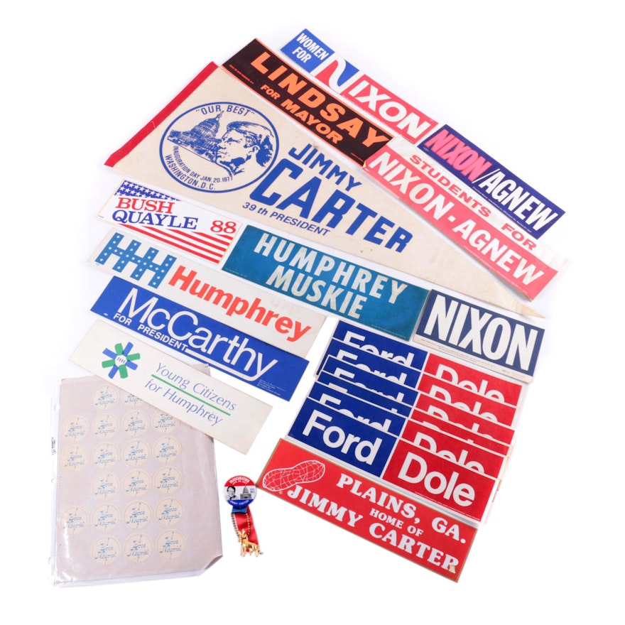 Vintage Presidential Campaign Stickers and Jimmy Carter Inaugural Pennant