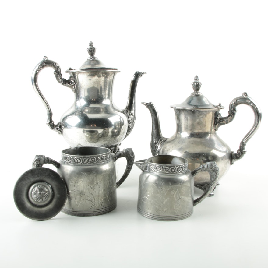 Poole Silver Plate Coffee and Teapot with Empire Mfg. Co. Sugar and Creamer Set