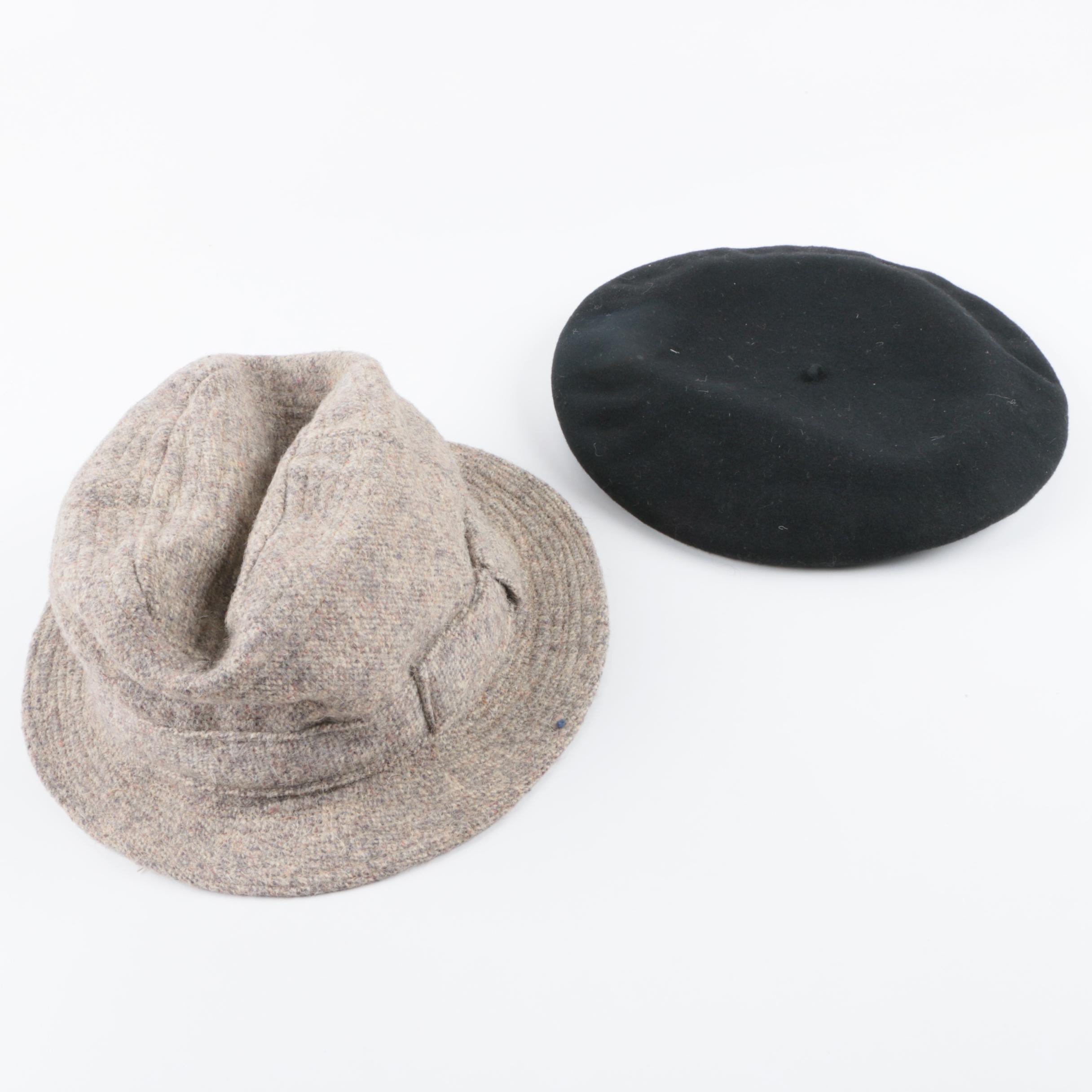 Vintage Grey Tweed Wool Hat and Black Beret
