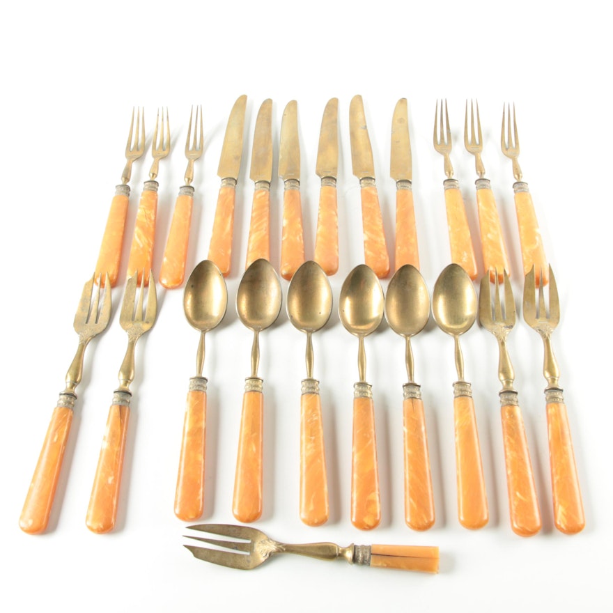 Vintage French Brass and Orange Handled Flatware Set