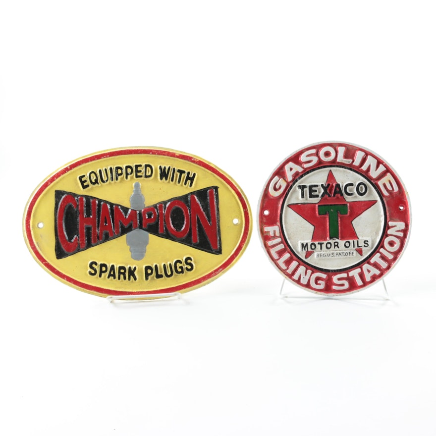 Iron Advertising Signs for Champion Spark Plugs and Texaco Oil