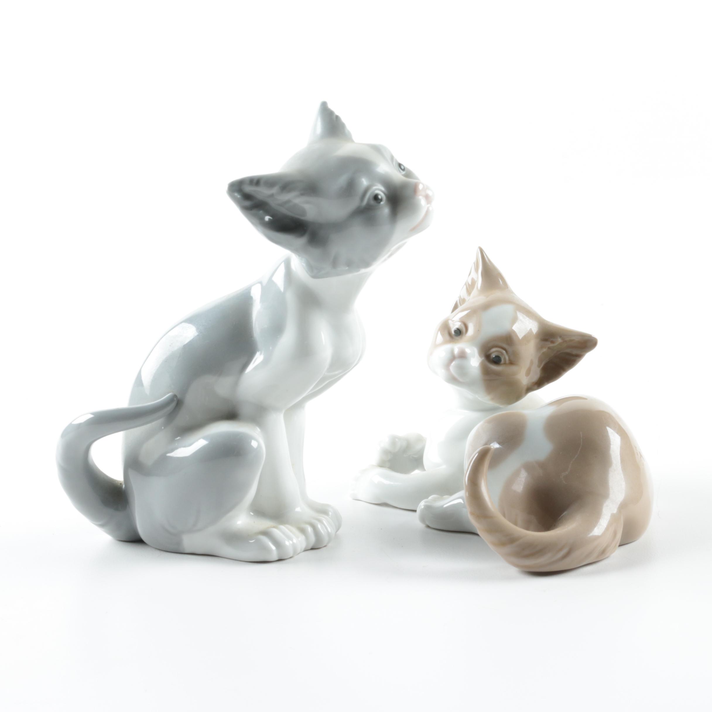 Lladró "Feed Me" and "Surprised Cat" Porcelain Cat Figurines
