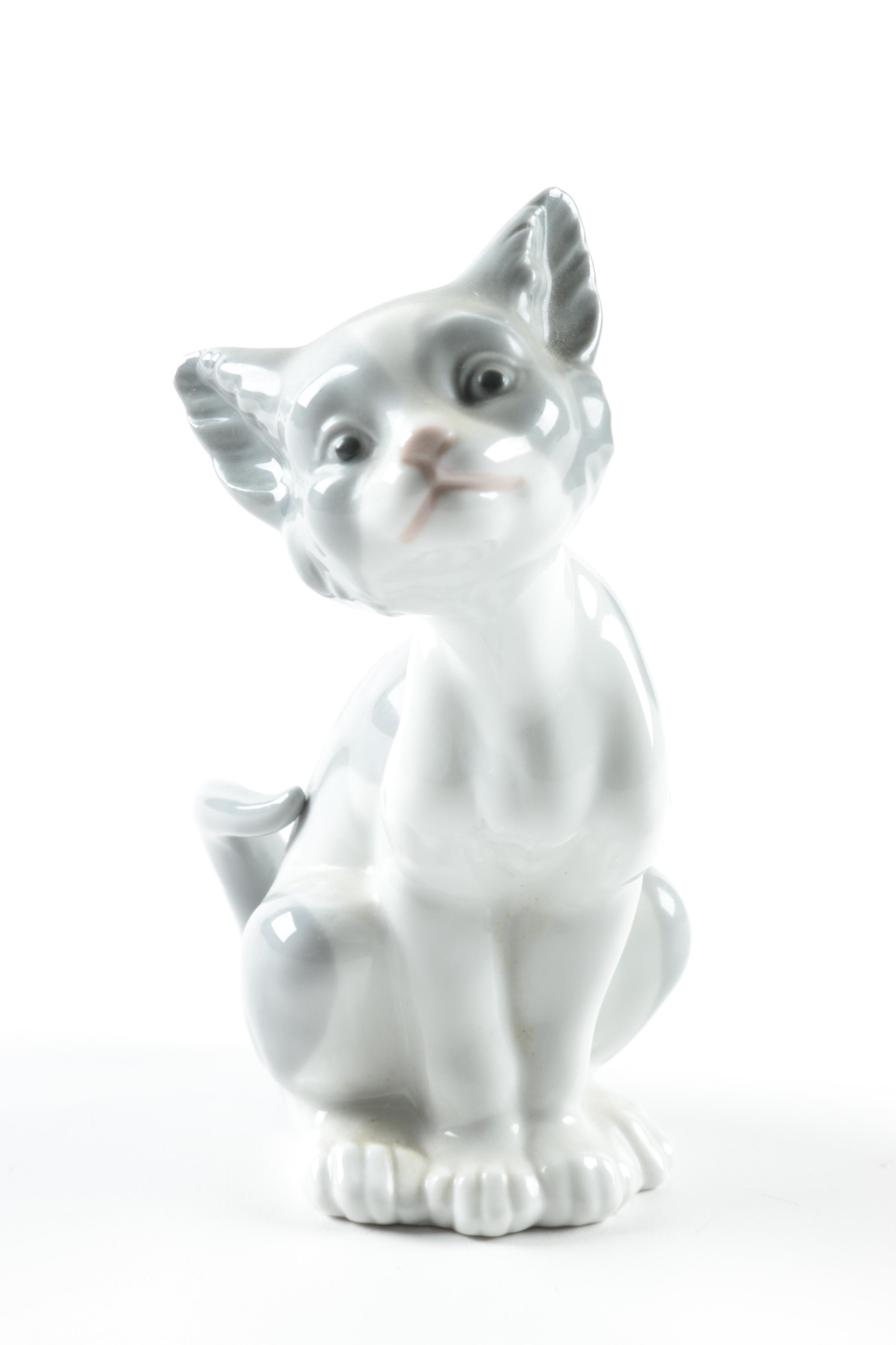 Lladró "Feed Me" and "Surprised Cat" Porcelain Cat Figurines