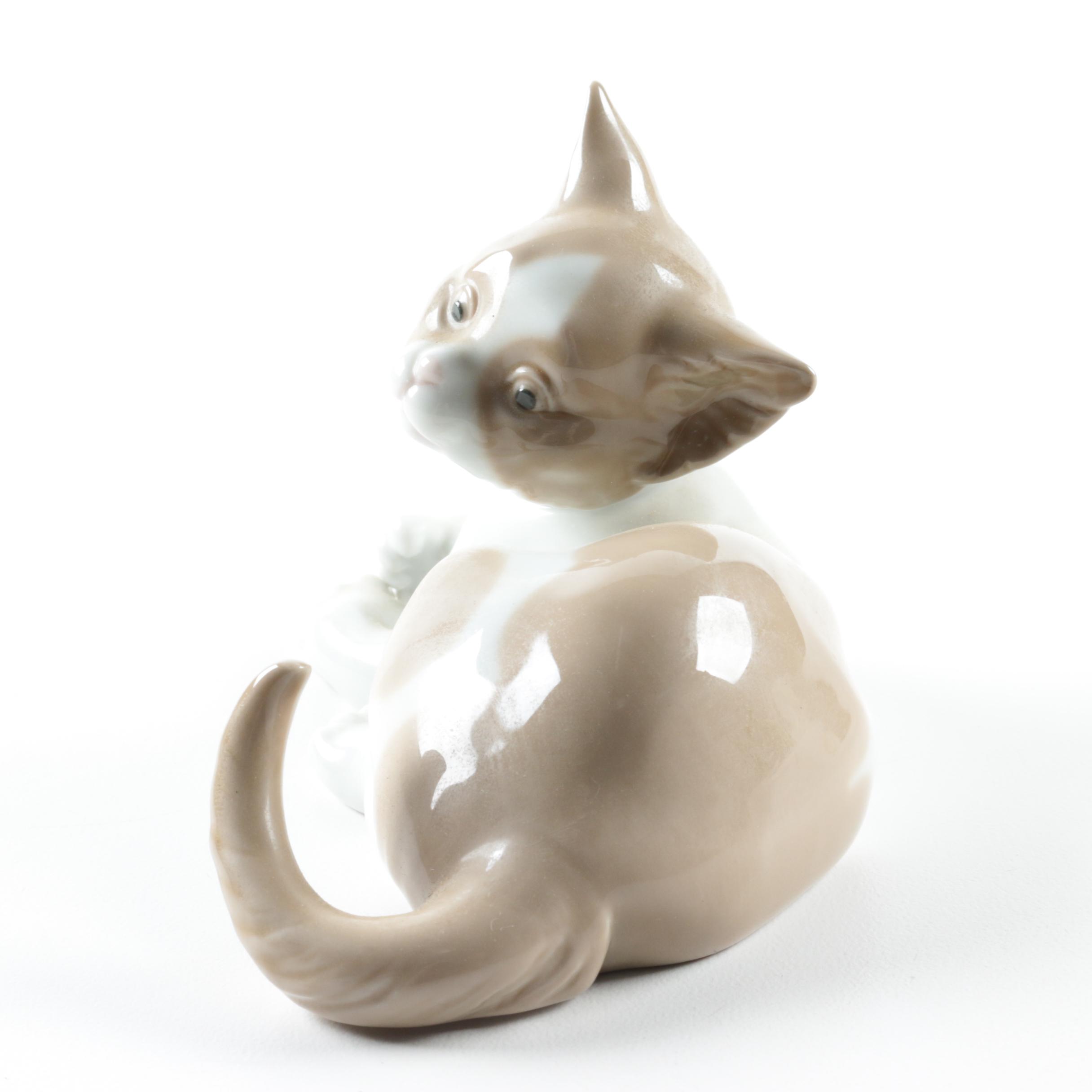Lladró "Feed Me" and "Surprised Cat" Porcelain Cat Figurines