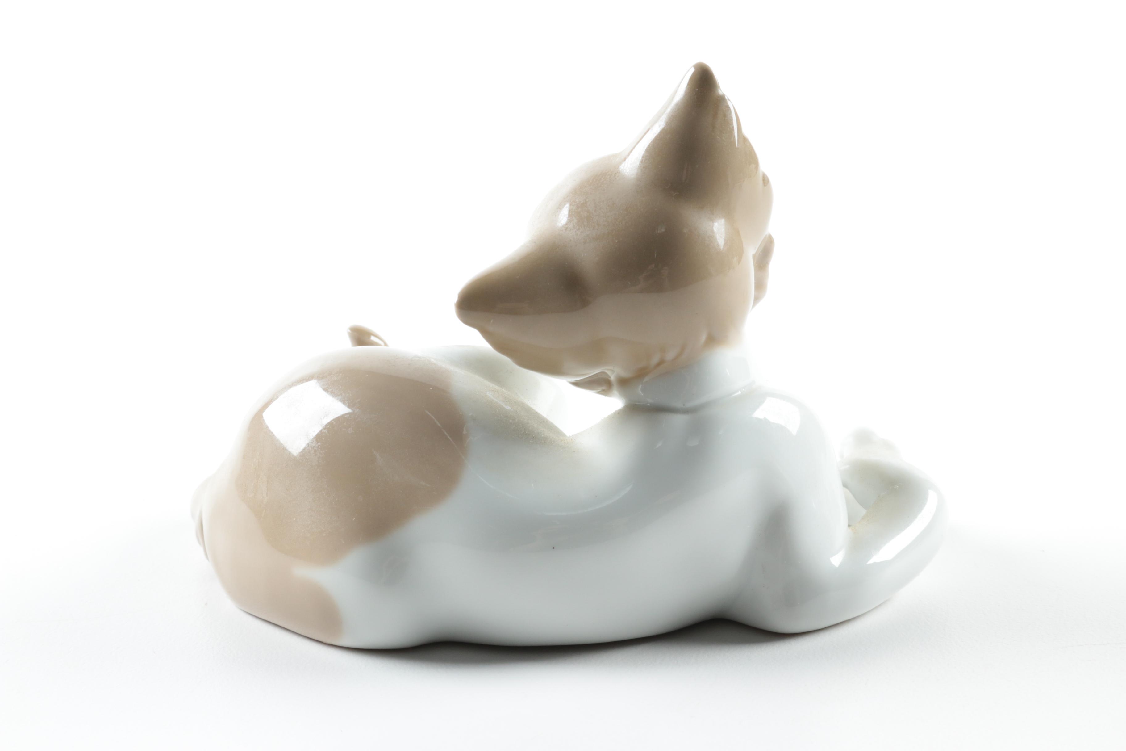 Lladró "Feed Me" and "Surprised Cat" Porcelain Cat Figurines