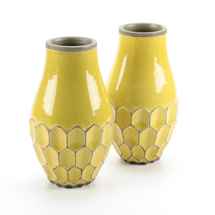 Yellow Terracotta Honeycomb Motif Vases