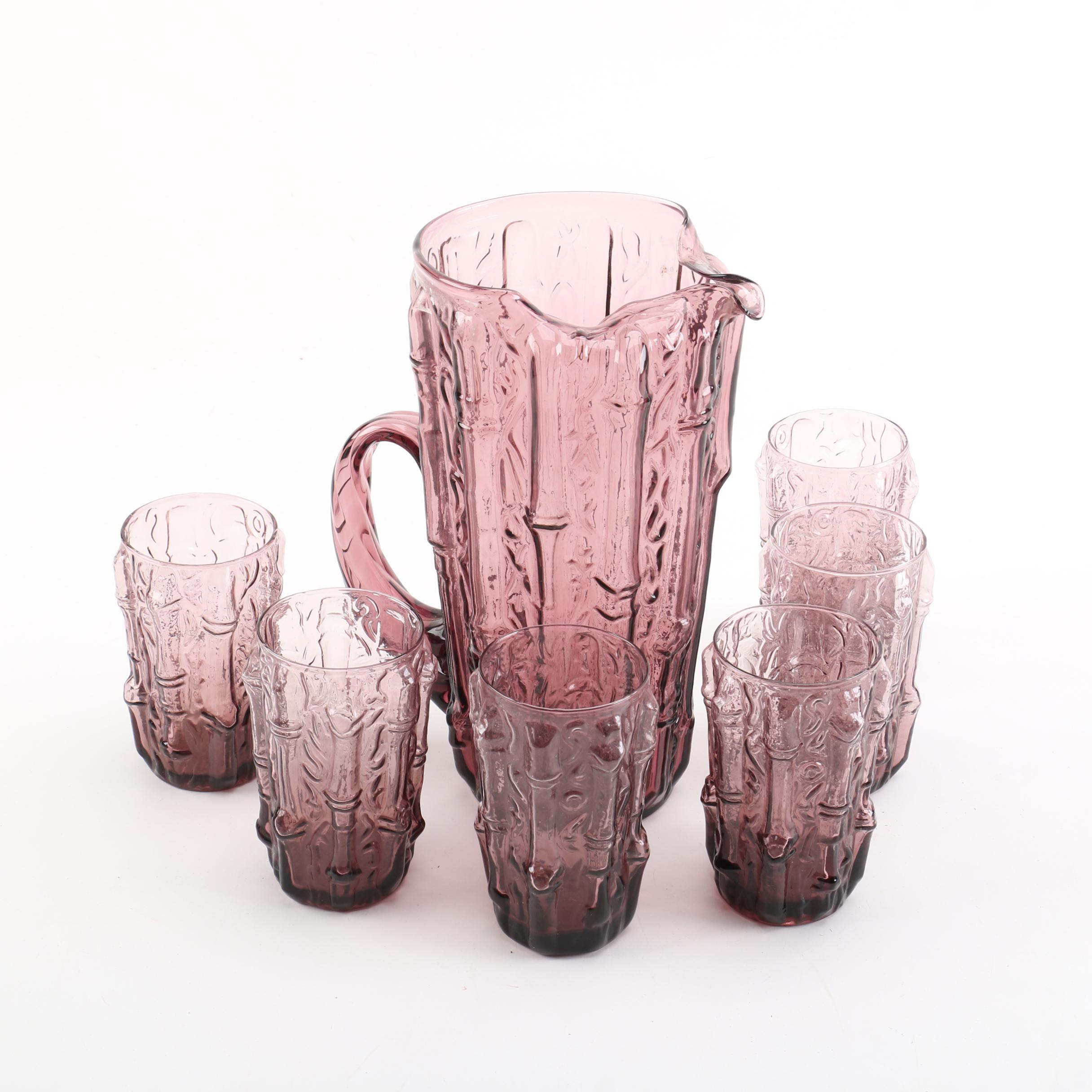 Mid-Century Colony Amethyst Glass Drink Set with Bamboo Pattern