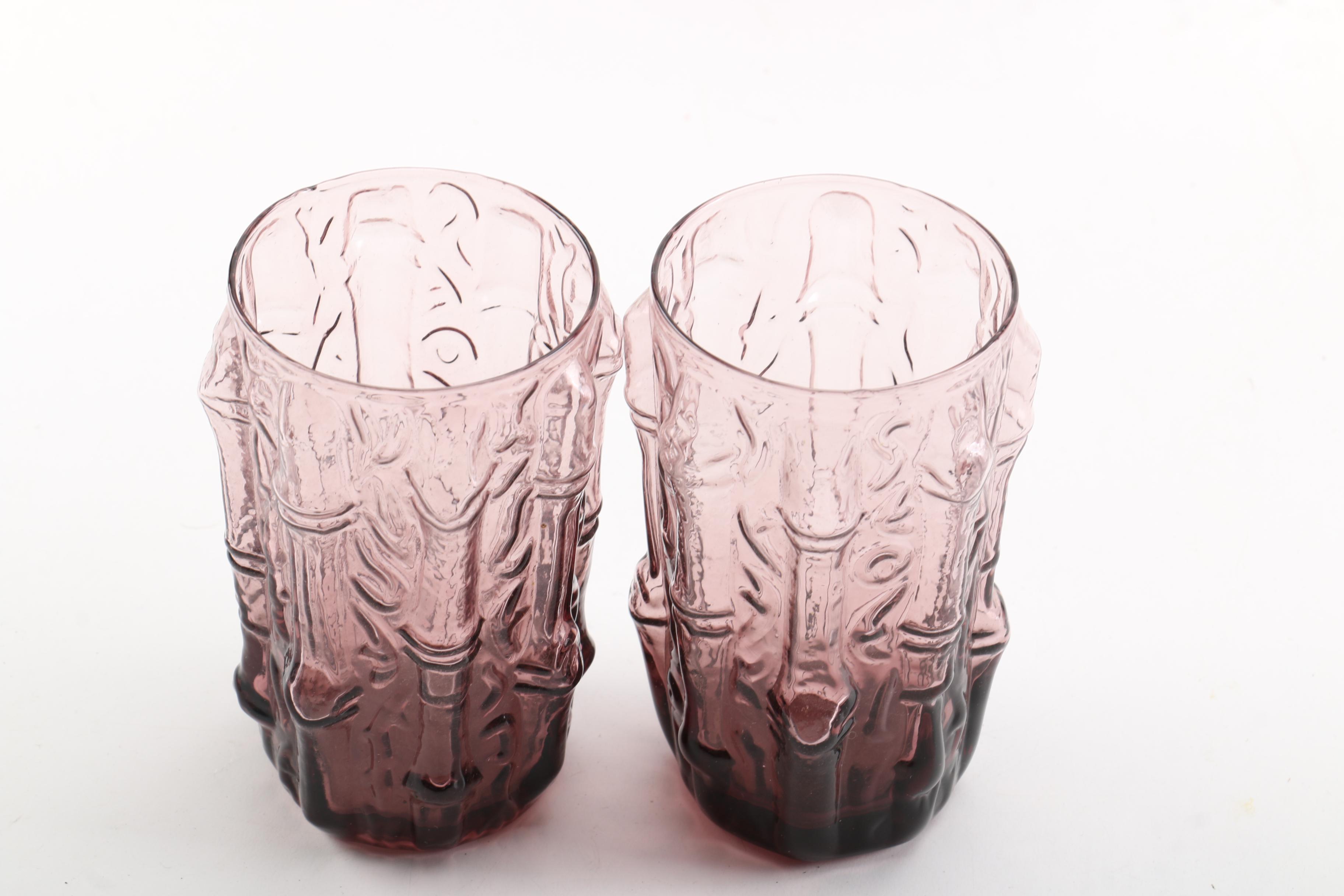 Mid-Century Colony Amethyst Glass Drink Set with Bamboo Pattern