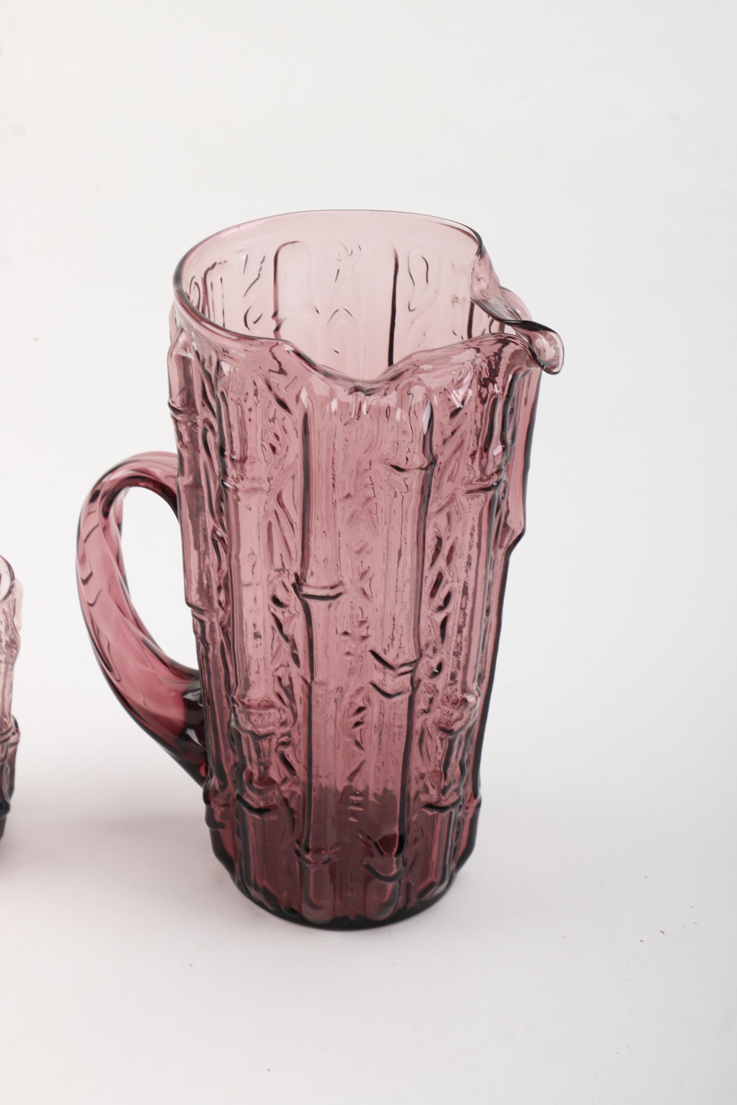 Mid-Century Colony Amethyst Glass Drink Set with Bamboo Pattern