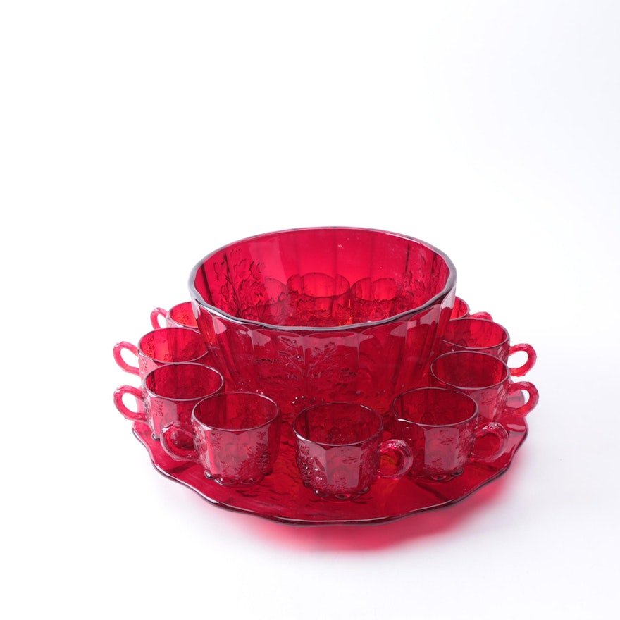 L.G. Wright Ruby Red Depression Glass Punch Bowl Set