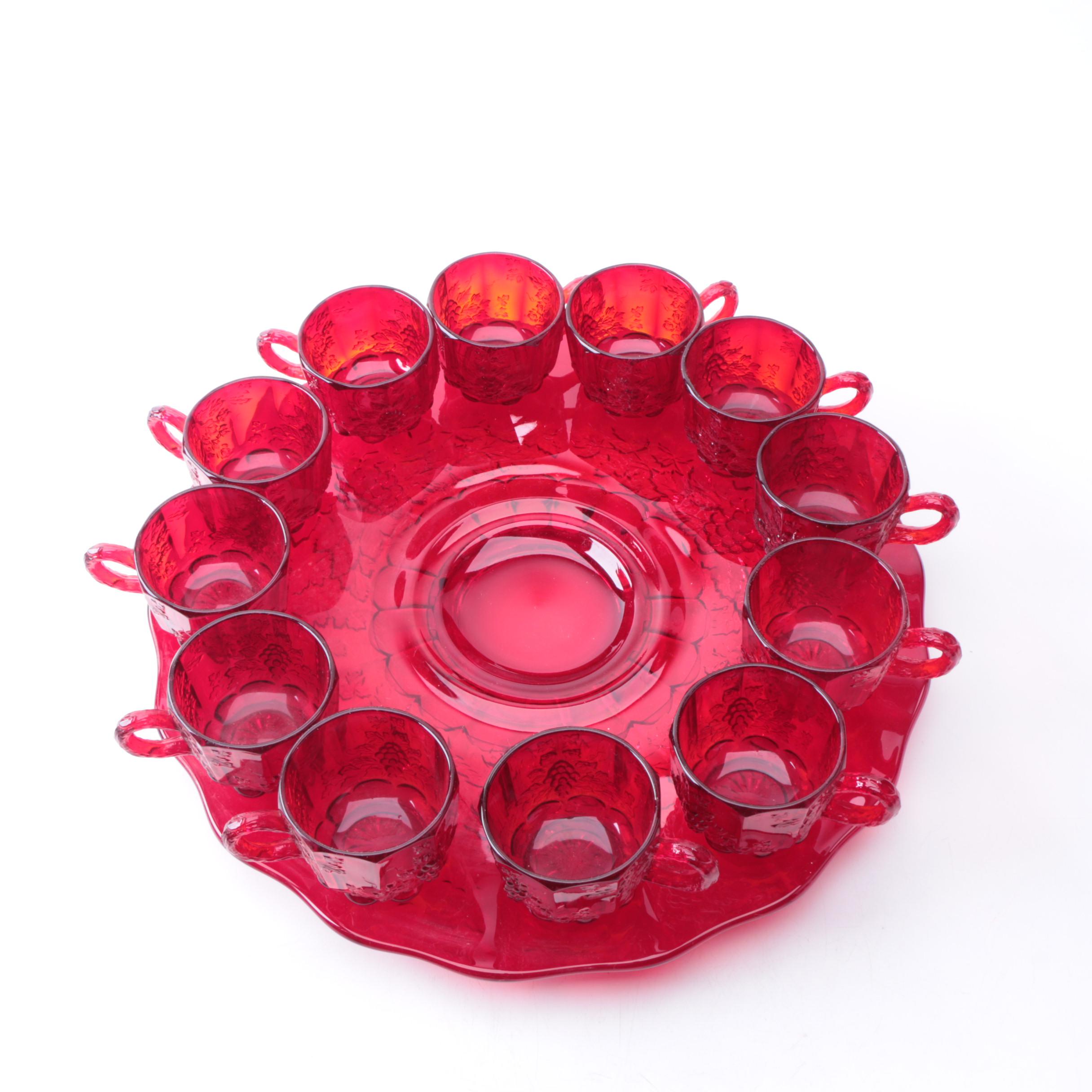 L.G. Wright Ruby Red Depression Glass Punch Bowl Set