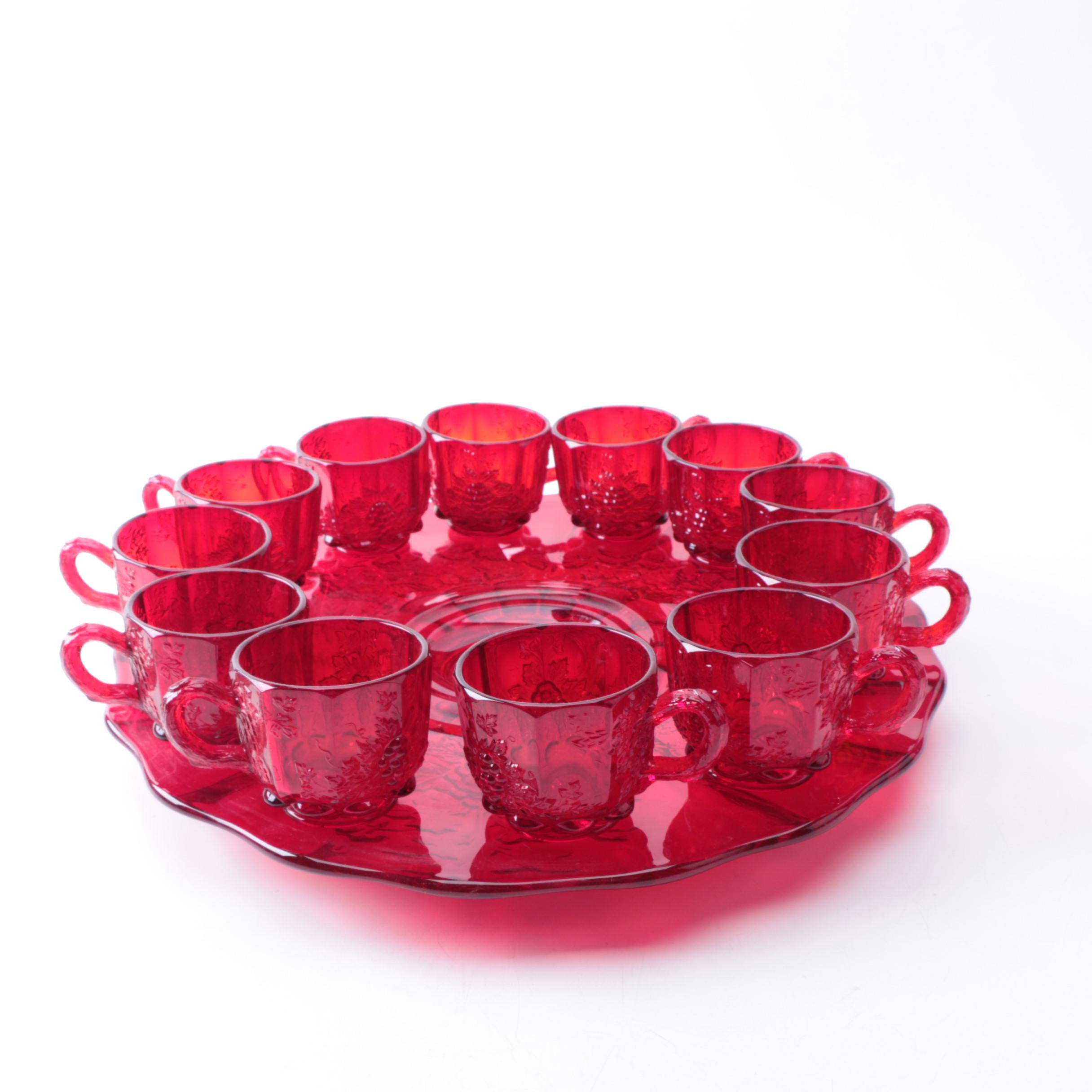 L.G. Wright Ruby Red Depression Glass Punch Bowl Set