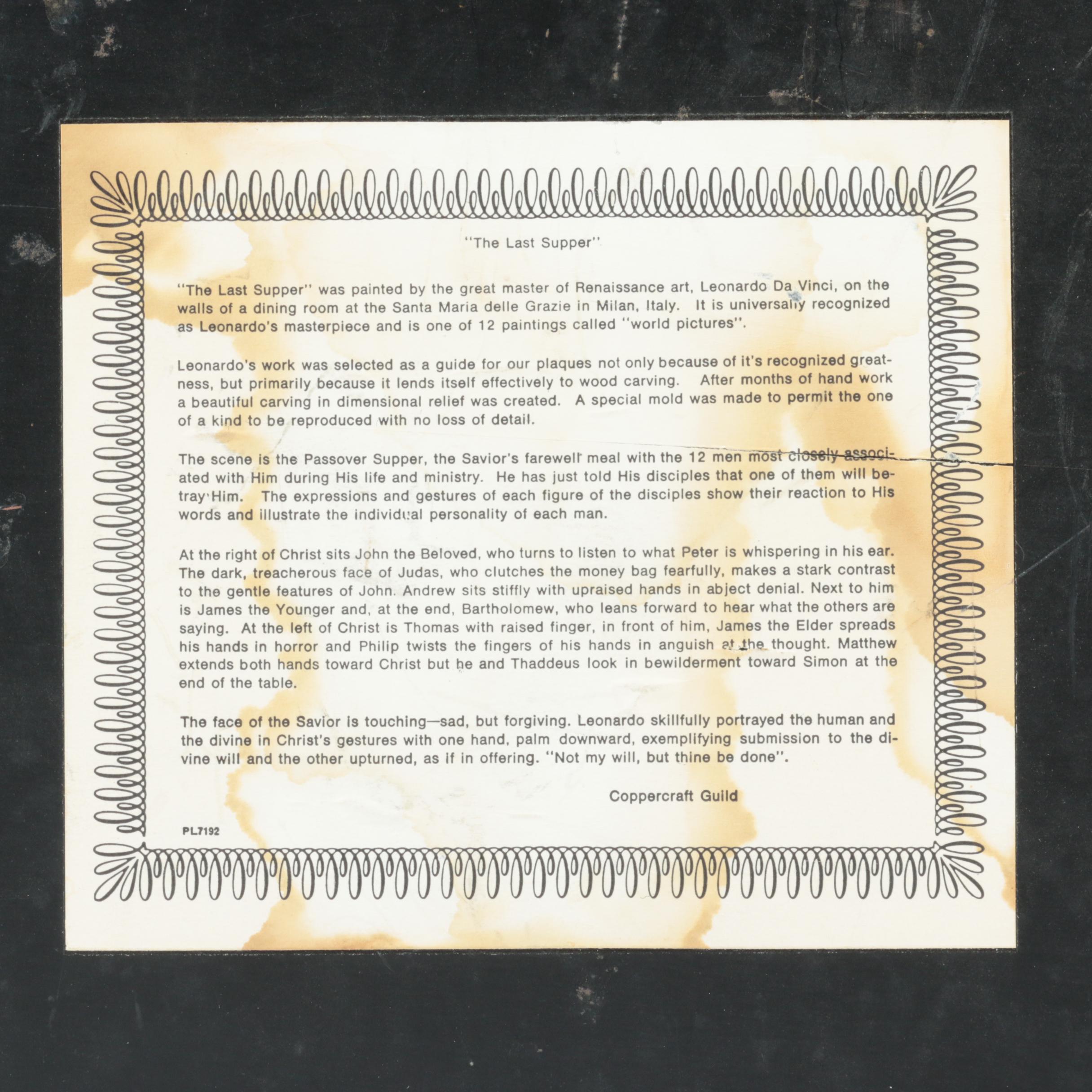 Coppercraft Relief Panel "The Last Supper"