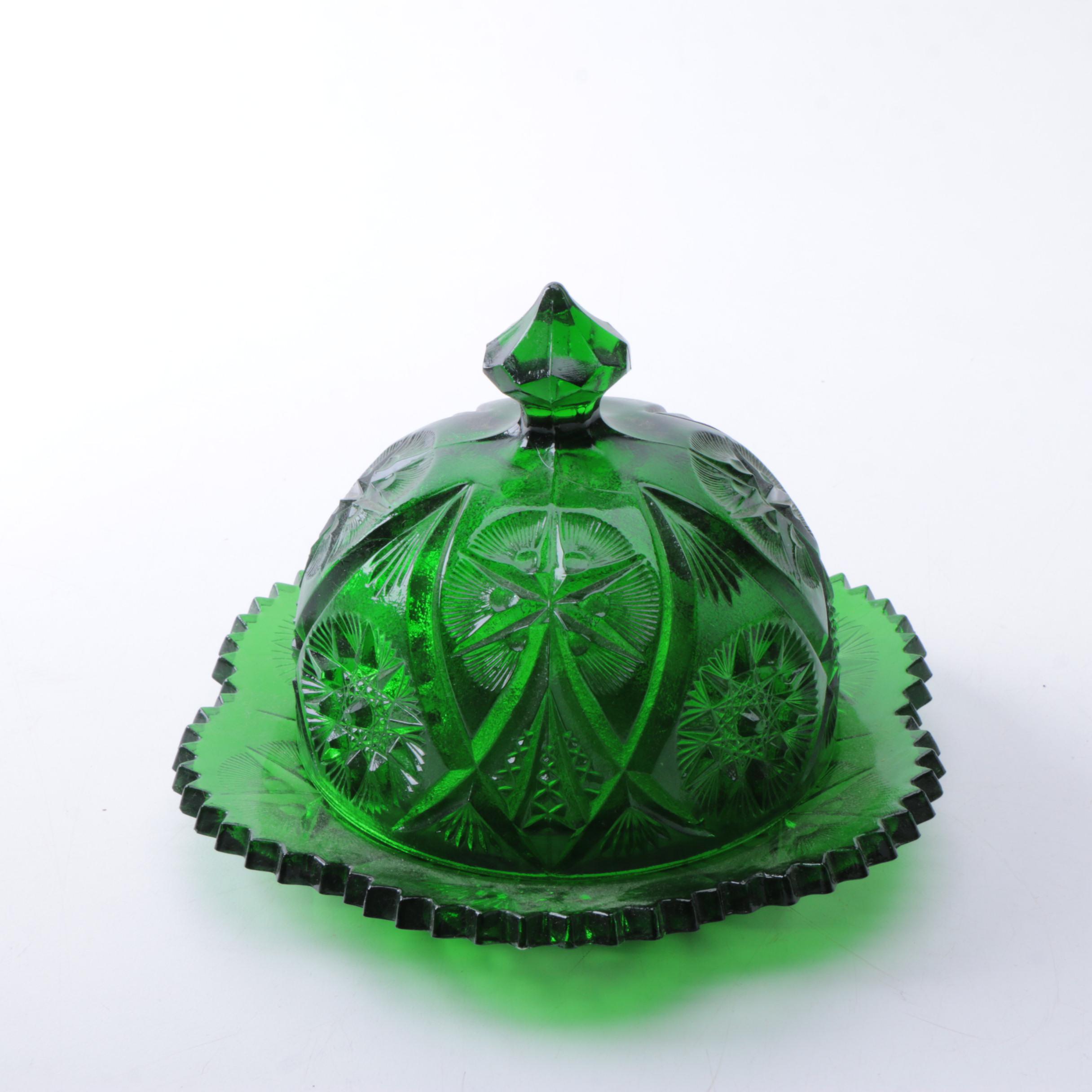 Hobstar Green Glass Covered Dish
