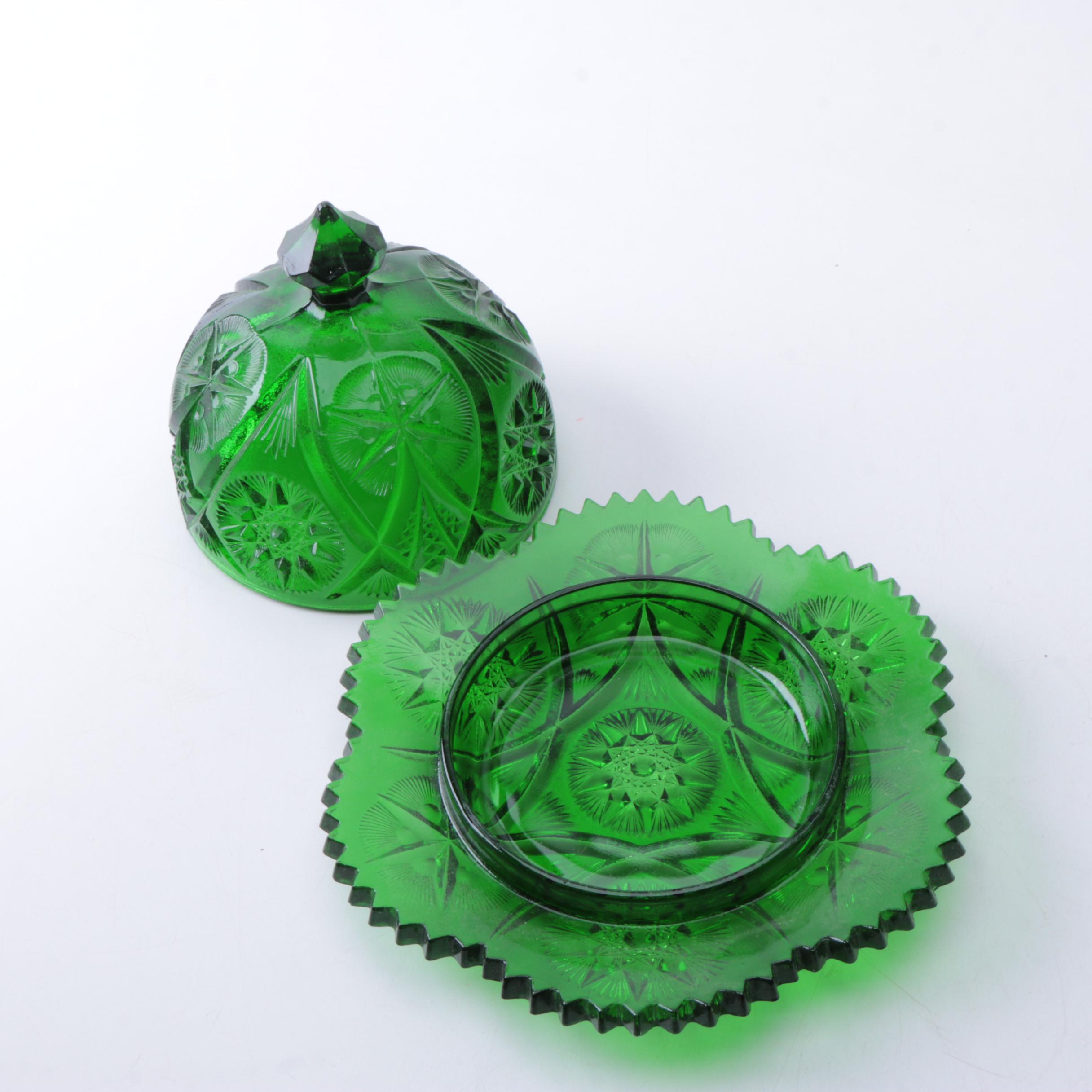 Hobstar Green Glass Covered Dish