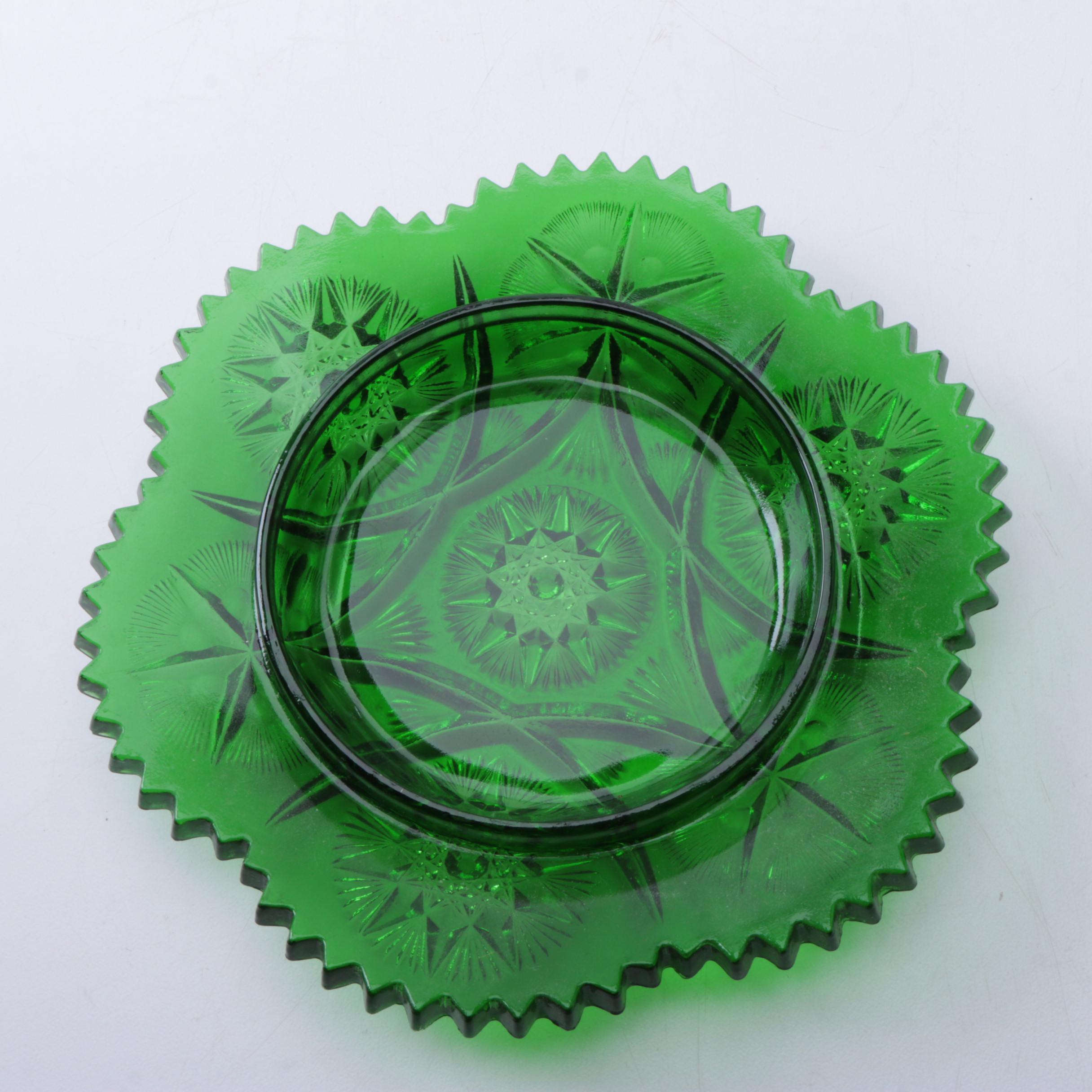 Hobstar Green Glass Covered Dish