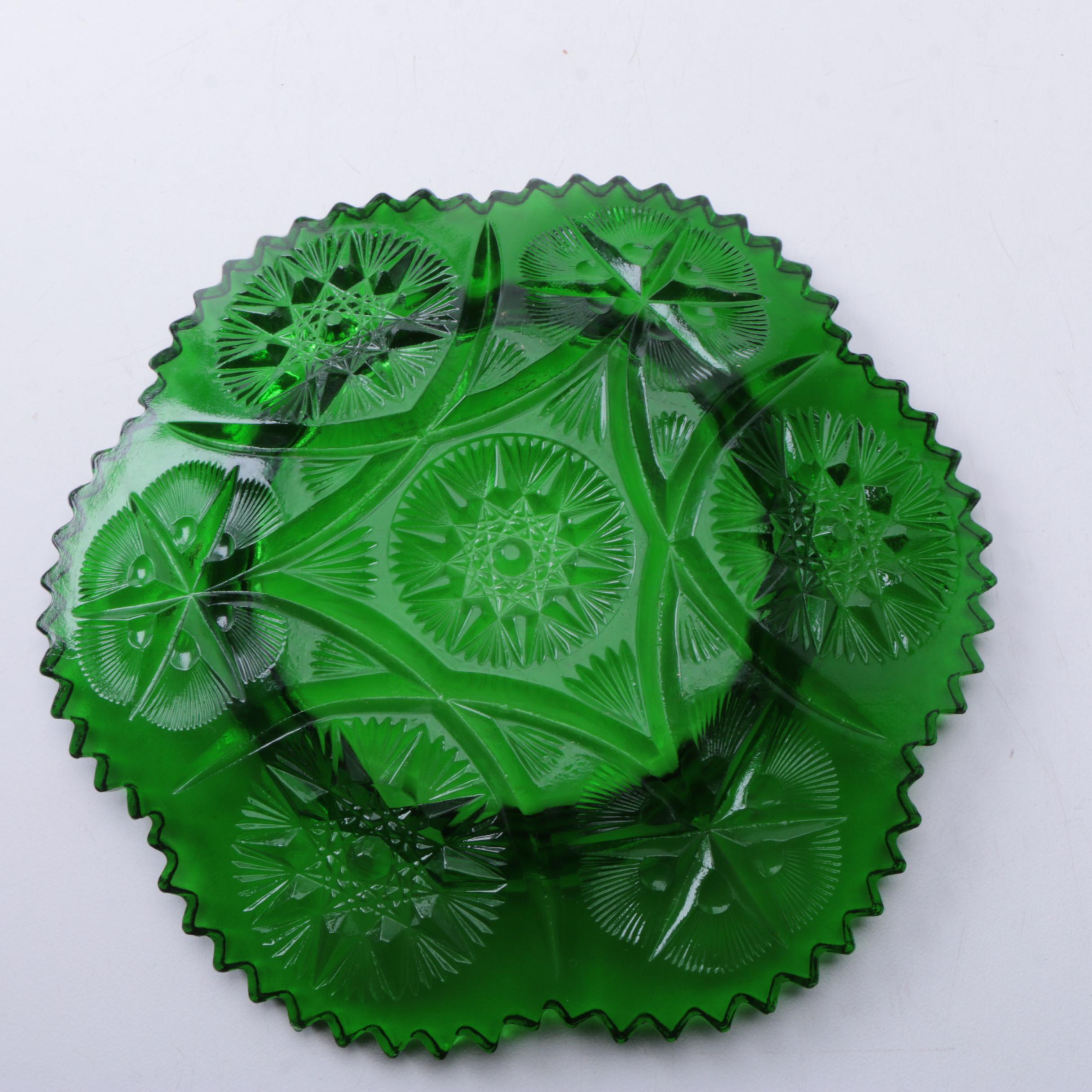 Hobstar Green Glass Covered Dish