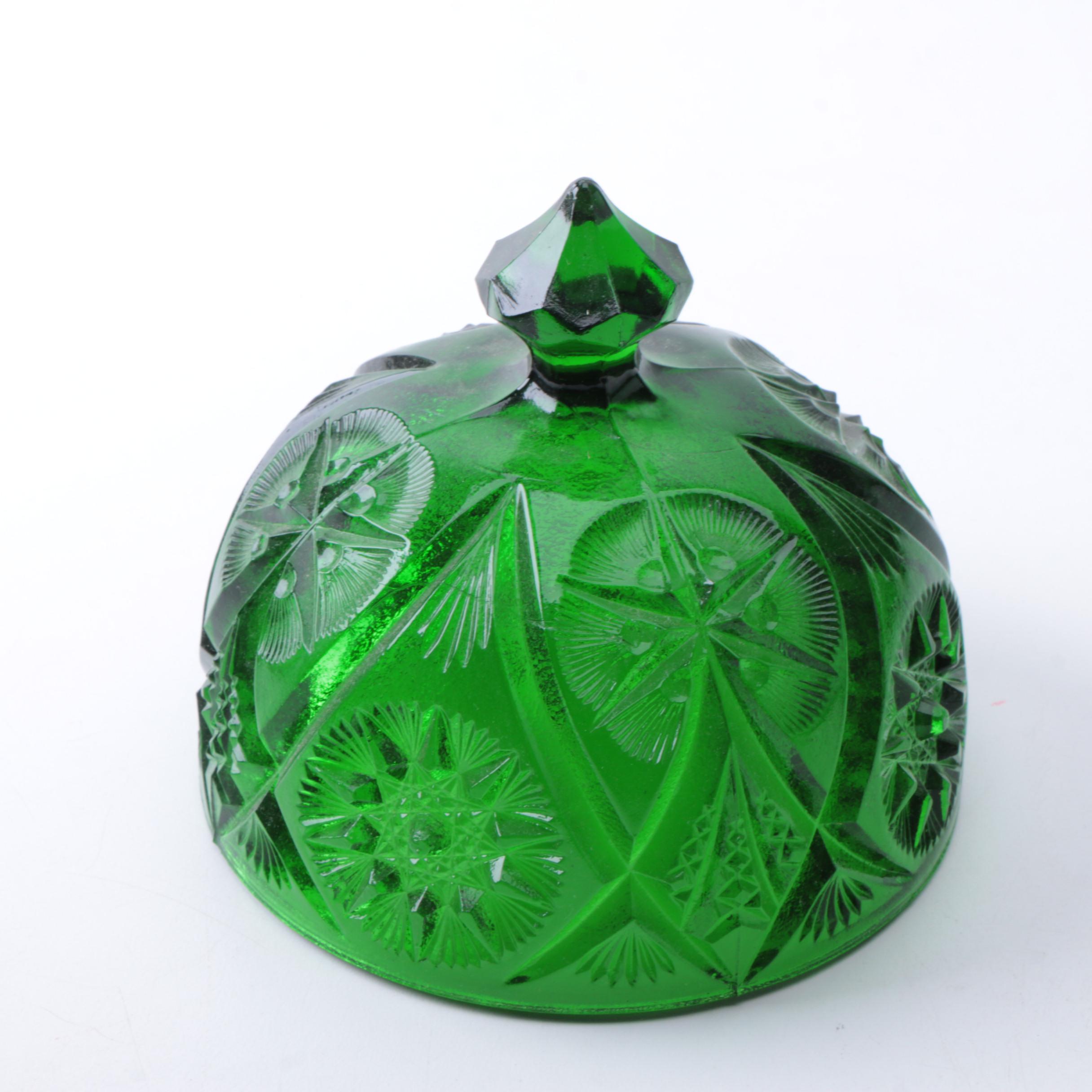 Hobstar Green Glass Covered Dish