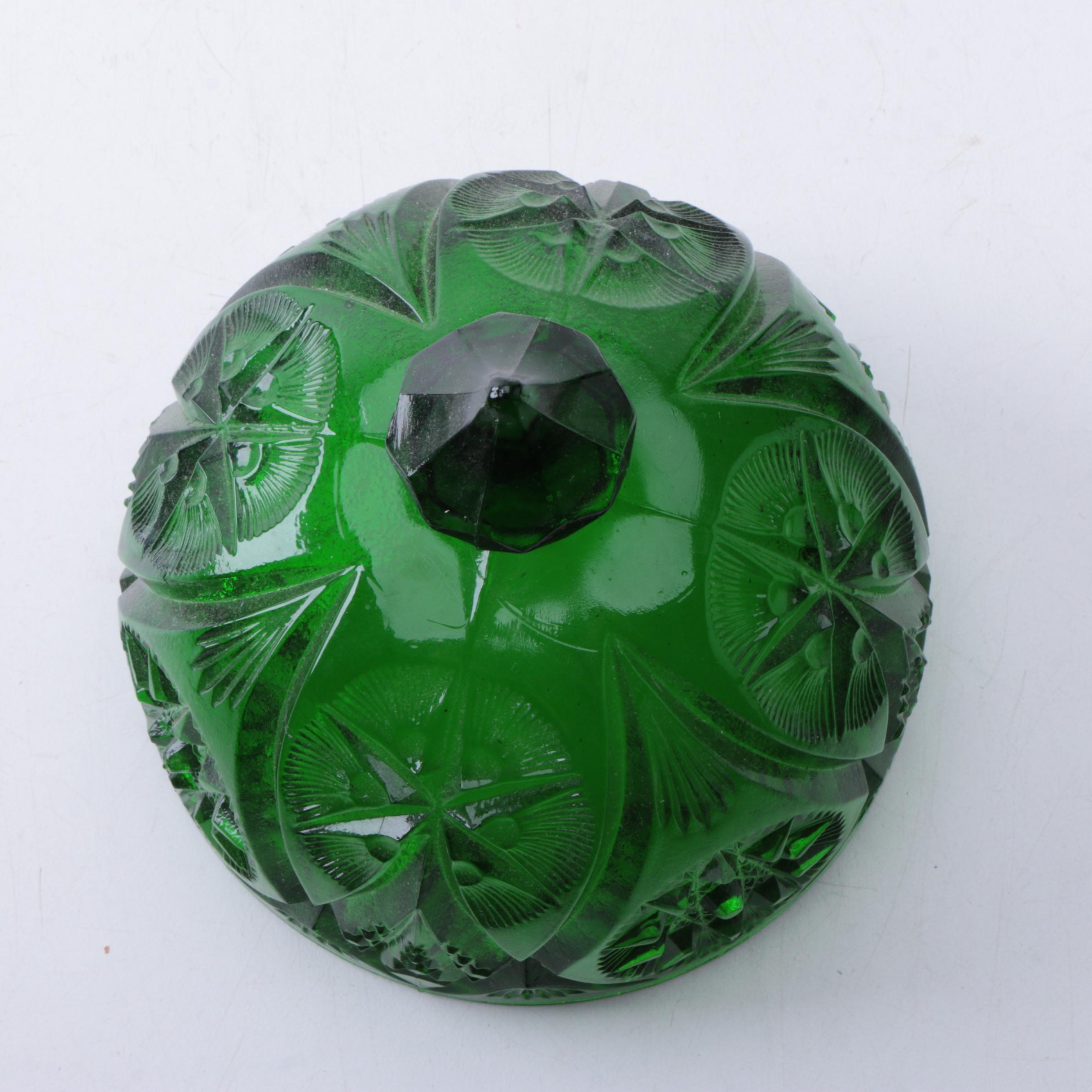 Hobstar Green Glass Covered Dish