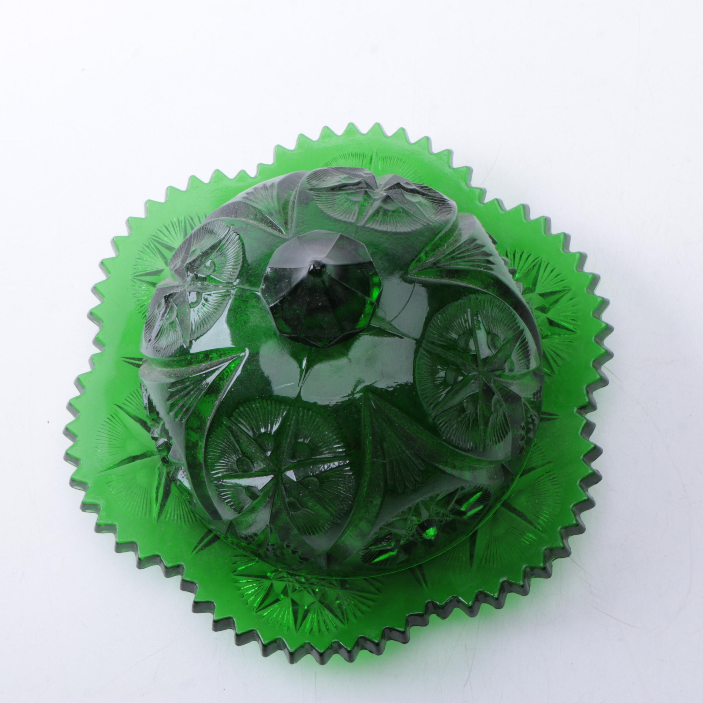 Hobstar Green Glass Covered Dish