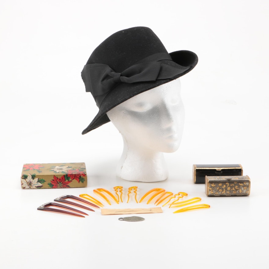 Vintage Doeskin Hat and Hair Accessories Including Lipstick Cases