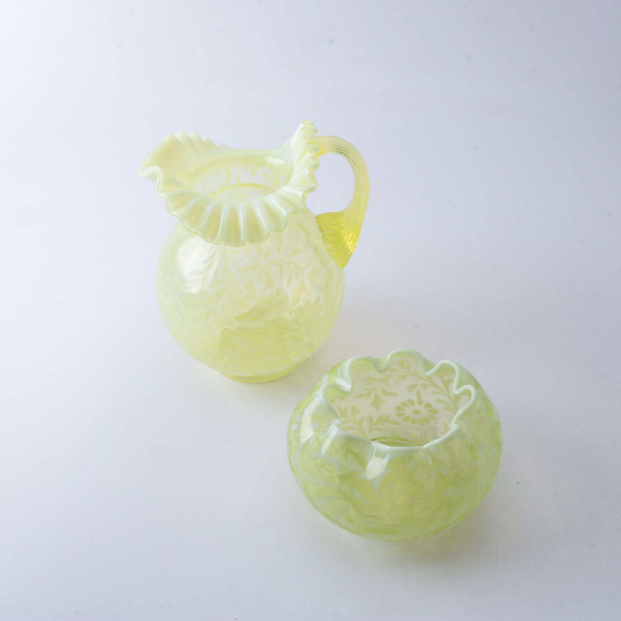 Fenton "Daisy and Fern" Topaz Opalescent Rose Bowl and Pitcher