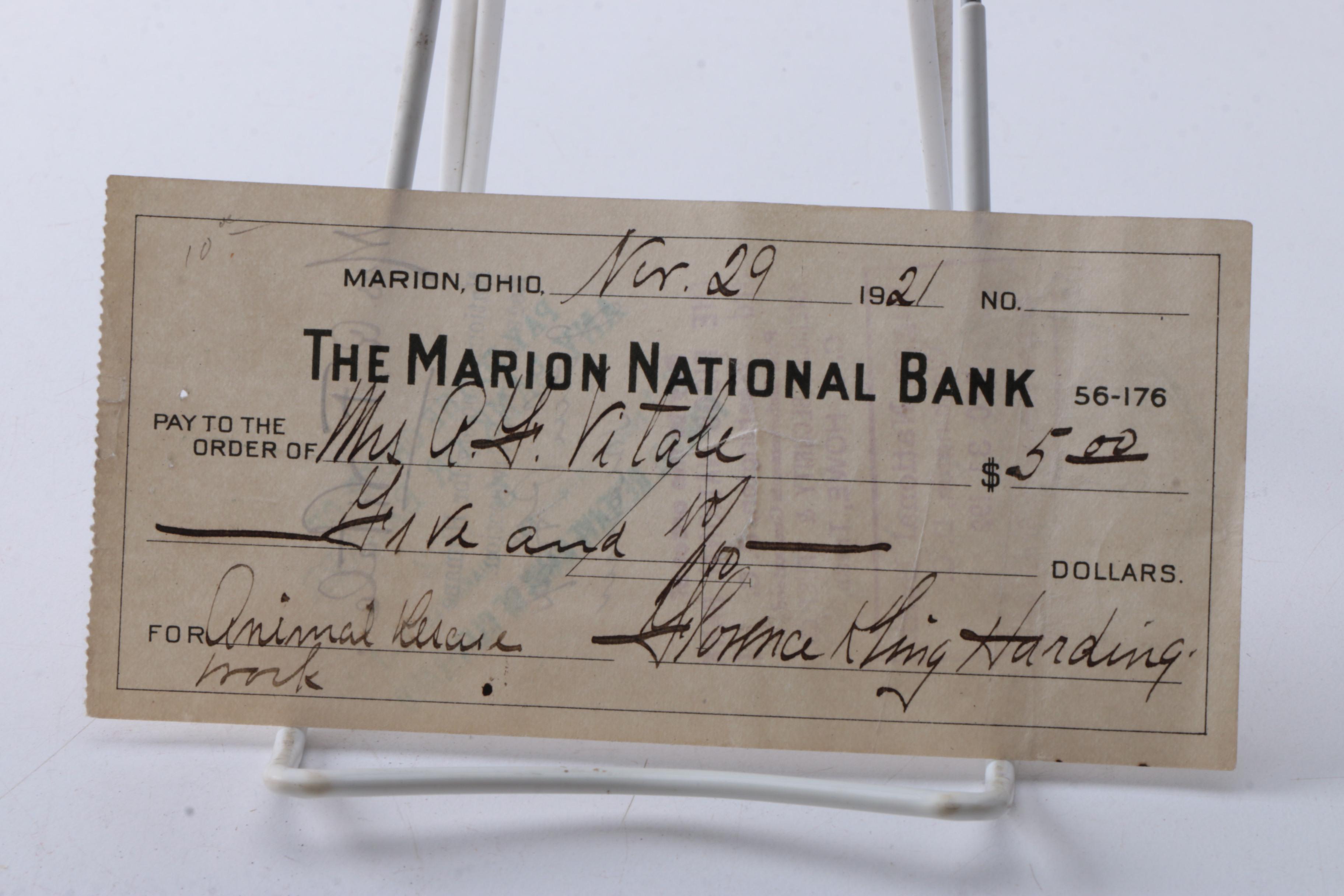1921 Signed Florence Harding Marion National Bank Check